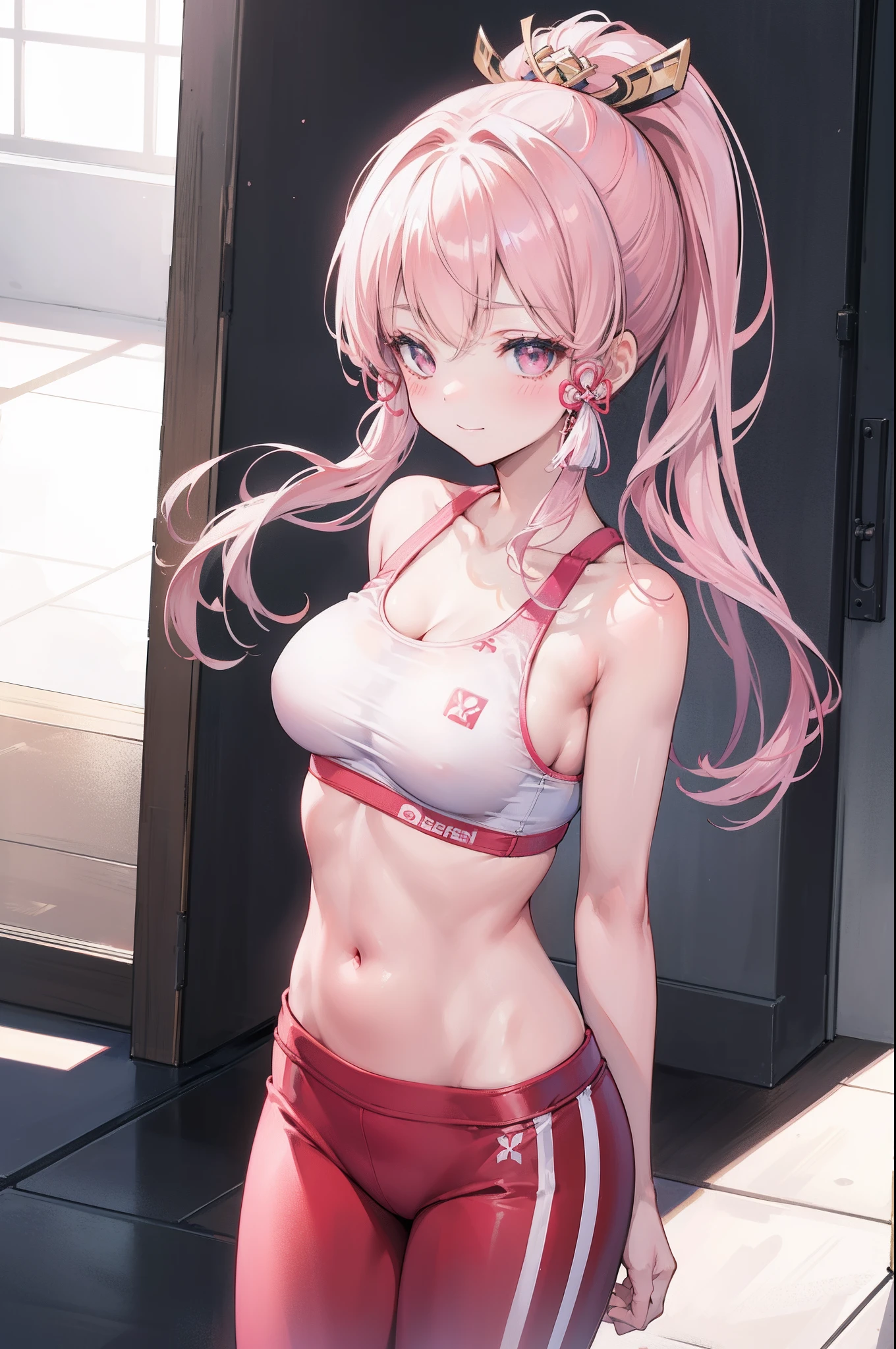 (masterpiece)1 girl, Ayaka, nude, Genshin Impact, best quality, expressive eyes, perfect face, upper Big body, smile, blush, Wearing Gym Red Leggings and Skin Tight Pink and White Sports Bra, indoors, day, simple background, Bright sky, looking at viewer, stairs, moody lighting