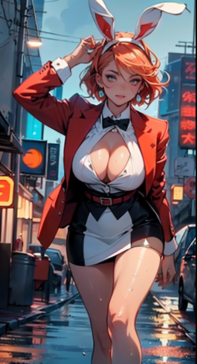 cute bunny girl,(((1girl))),((bunny girl with extremely cute and beautiful orange hair)),(((bunny girl,anthro furry cute,bunny-girl,bunny ears,bunny ears on head,big bunny ears))),


(large breasts:1.4),saggy breasts,(((red orange hair:1.35,colored inner hair,ear breathing,large hair))),((heterochromia:1.5,eye1 red,eye2 orange,perfect eyes,upturned eyes:1.3,beautiful detailed eyes,finely detailed beautiful eyes:1,big highlight on eyes:1.2,slanted eyes)),((fat)),(((lustrous skin:1.5,bright skin: 1.5,skin tanned,shiny skin,very shiny skin,shiny body,plastic glitter skin,exaggerated shiny skin,illuminated skin,wet legs))),(spider lower abdomen,narrow waist,wide hip,athletic body,inflated legs,delicate detailed fingers,detailed body,detailed arms,human hands,(detailed face)),

cute,slutty,seductive,erotic,(((nsfw))),

(((wearing dark red formal blazer,short skirt,))),(((huge cleavage))),((wet clothes,detailed outfit,detailed clothes)),

(dynamic pose:1.0),solo focus,embarrassed,(centered,scale to fit dimensions,Rule of thirds),

cyberpunk city by the ocean at night, with bright neon signs and dark stormy clouds and puddles,

High resolution, sharp focus, (ultra detailed, extremely detailed), (photorealistic artwork:1.37), 8k wallpaper,((synthwave background theme)),(((vibrant colors,))),(intricate),masterpiece,(best quality),synthwave neon colors,