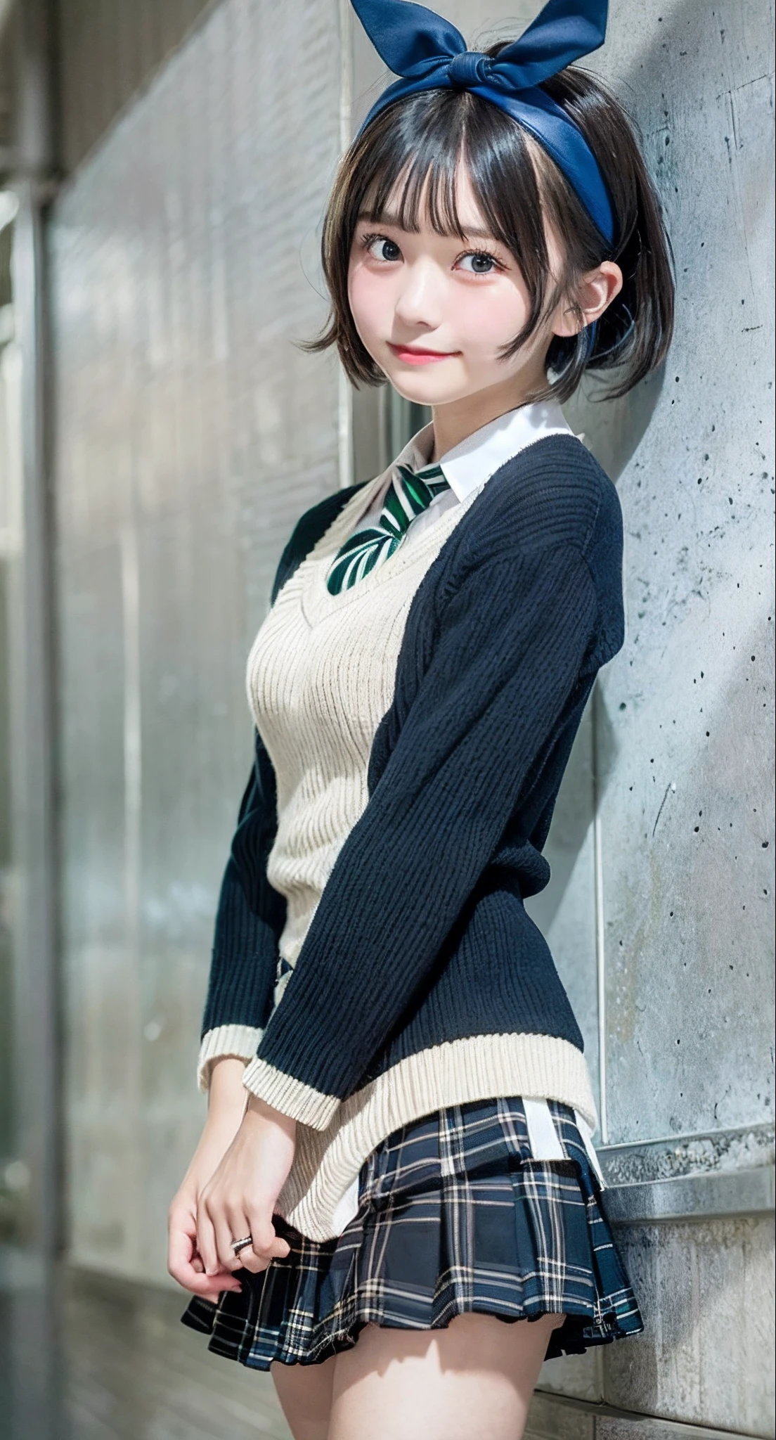 1girl in, Solo, Sarashina Ruka, Black hair, blue hairband, hair blue ribbon, Short hair, Blue eyes, School uniform, Black pleated skirt, Black jacket, green striped necktie, Long sleeves, Sweater Vest, (masutepiece:1.2), hight resolution, Best Quality, 8K, Very Very Clear,A smile、cute little、japanes、High school students、15 yo