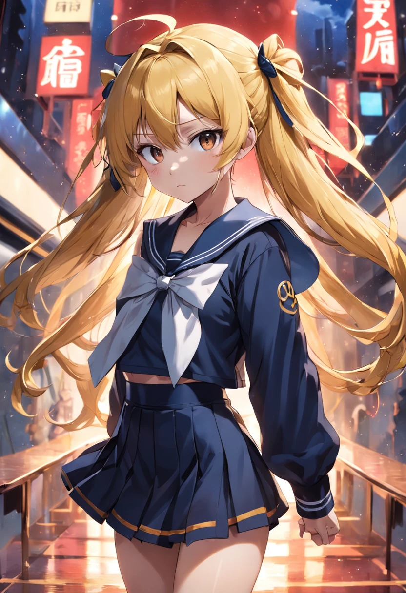 Illustration masterpieces,style of anime,a sailor suit,Black short skirt,Presentable facial features,long yellow hair,thick thighs,thighband,Black Long Socks