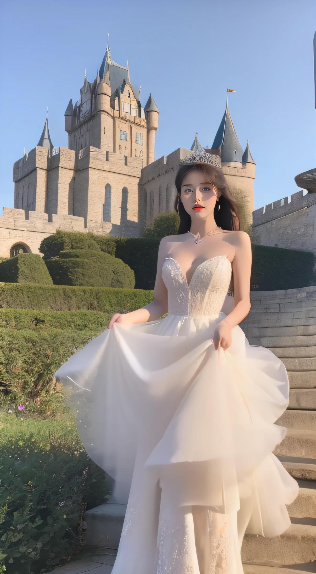 Princess being carried on a throne, huge castle in the background, smile, shortcut, high heels, elegant white dress