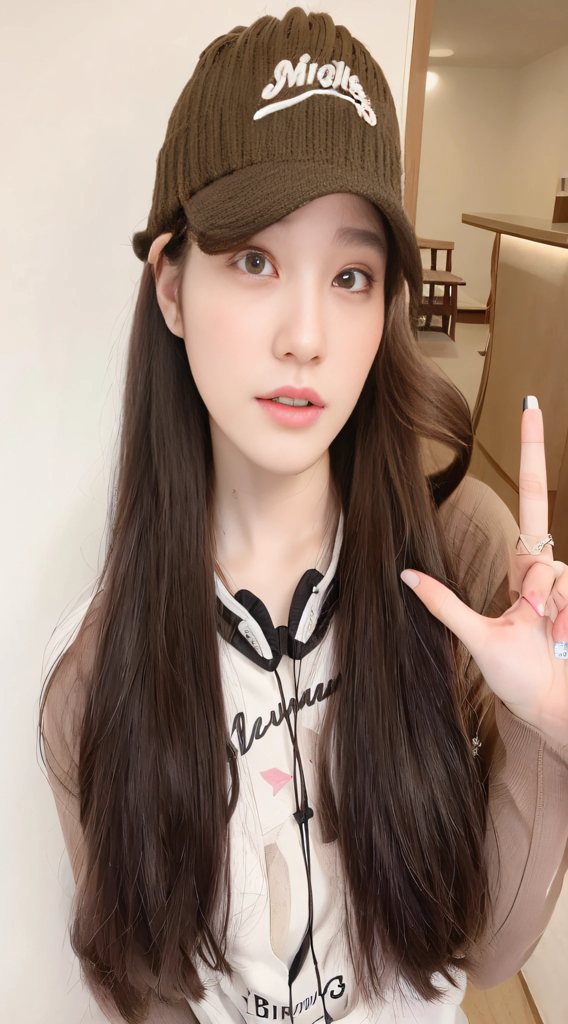 Long haired woman in brown hat and white shirt, ulzzangs, 8K selfie photos, With long hair, with cute - fine - face, girl cute-fine face, sakimichan, 19-year-old girl, 8K)), xintong chen, with round face, dilraba dilmurat