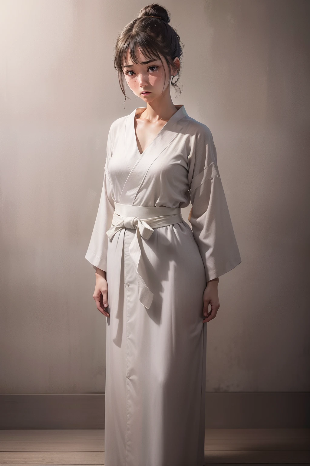 The light is gentle，1 girl in a gray yukata，white sash，burlap，With a petite figure，brunette color hair，hair-bun，Stand in a gloomy prison，Stand up，Full body like，Painful expression，streaming tears，Cover your chest with your hands，solid color backdrop，back