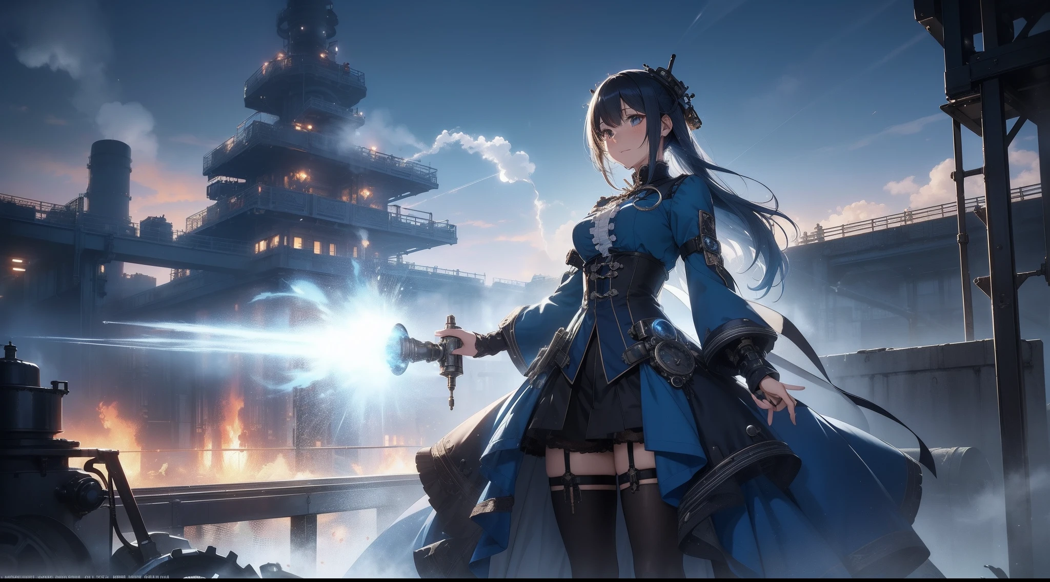 masutepiece, 8K,超A high resolution, Top resolution, Accurate rendering, Beautiful and smooth depiction, Overhead view, Very cute woman in anime style, Autumn makeup, Eyes drawn in great detail, Wearing a high-level dress in Victorian steampunk style, Costume with built-in water cooling mechanism, Blue straight hair, ((Intricately designed piping and gear, Sky blue coat adorned with countless gears and chronometers, Full body, Abundant steam, )), zoomout, high sky, Galaxy Images, Perspective, ((Faint smile)), Emitting countless nixie lights, (((A retro Victorian-style industrial city surrounded by rugged valleys, An industrial city built with countless gears and pipes, Bright city decorated with nixie lights, Steam overflow, Spatial expanse, Sunlight is covered with steam))), (((radiant light, Splash expression))), ink drops, splashart,