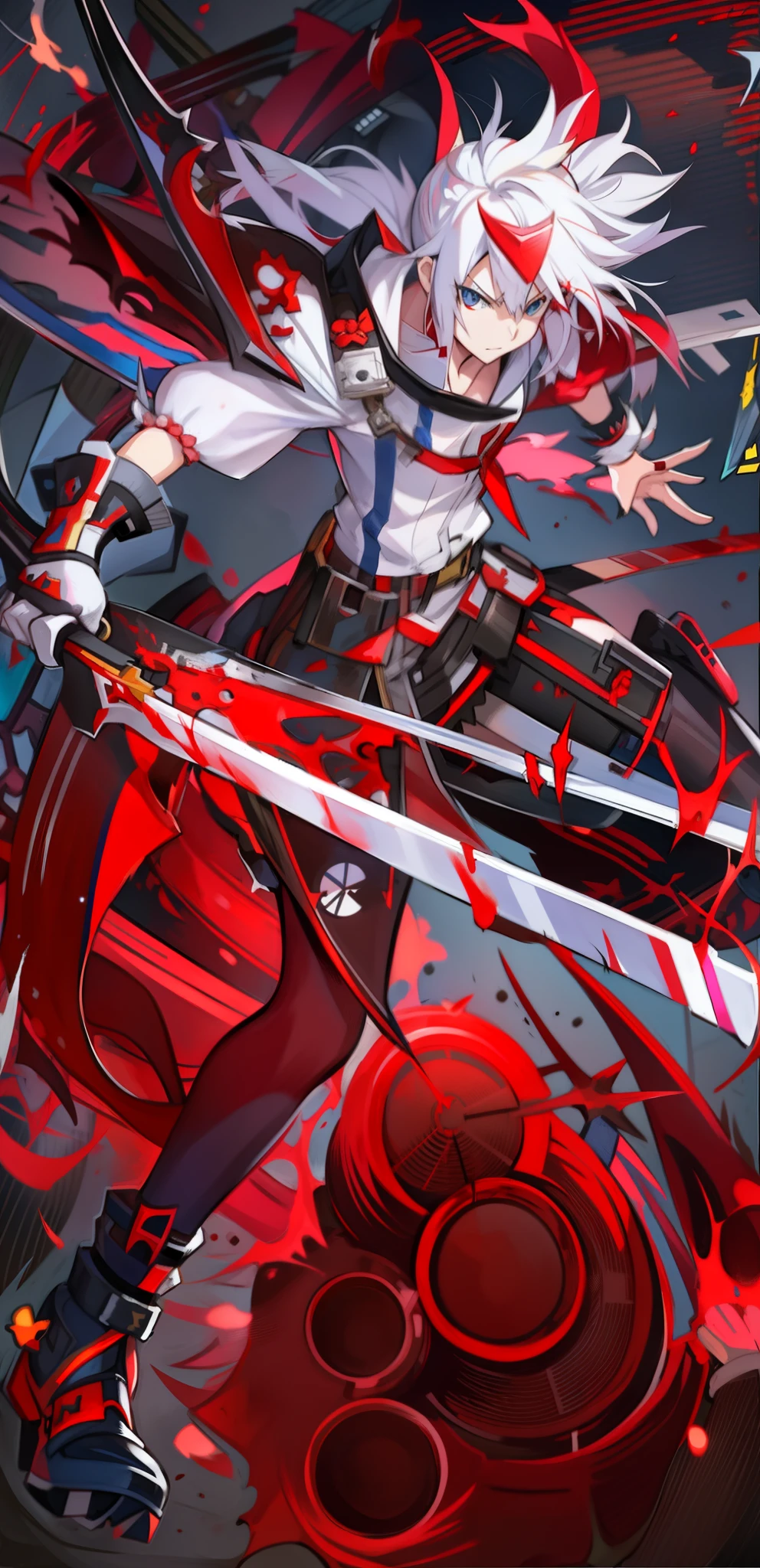 Anime girl with sword and blood splattered background, Kill Pull Kill illustration, Guilty Gear strives to splash art, From Arknights, Badass anime 8 K, kill la kill, Detailed key anime art, Best anime 4k konachan wallpaper, guilty gear art style, trash polka, ryuko matoi, trigger anime artstyle, attractive matoi ryuko