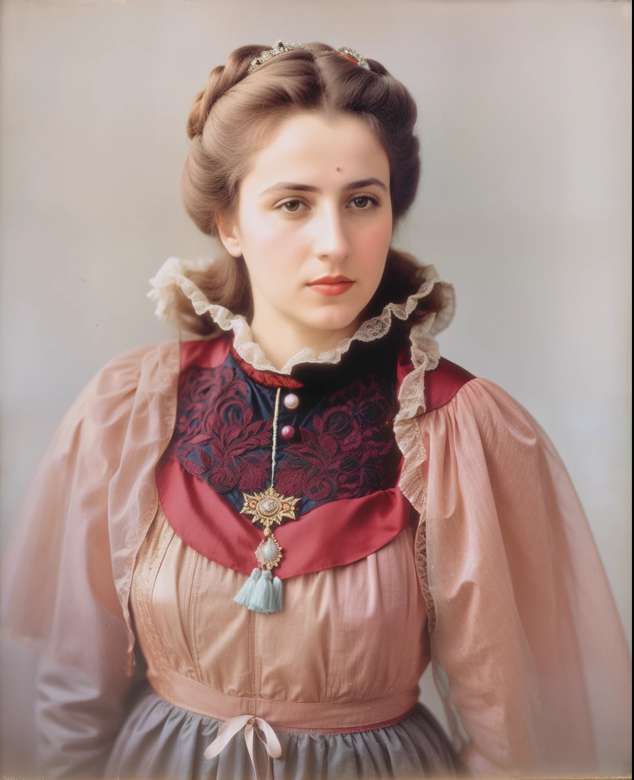 Arafed foto de uma mulher em um vestido e um colar, Maria Fortuny, autochrome pearl portrait, uma foto colorida, Maria Panfilova, Anna Kovalevskaya, Moleksandra Shchaslyva, hand - tinted, foto colorida antiga, Anastasia Ovchinnikova, colorido, foto colorida, fotografia colorida, Foto de uma mulher