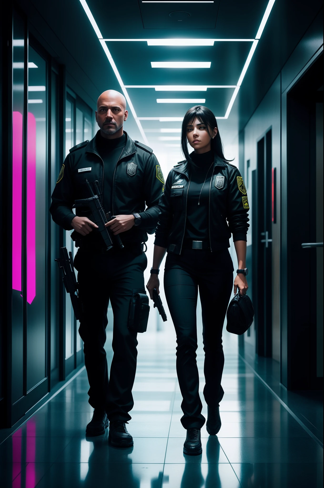 midshot of two security guards, male and female, in a corporate cyberpunk open lobby approaching viewer