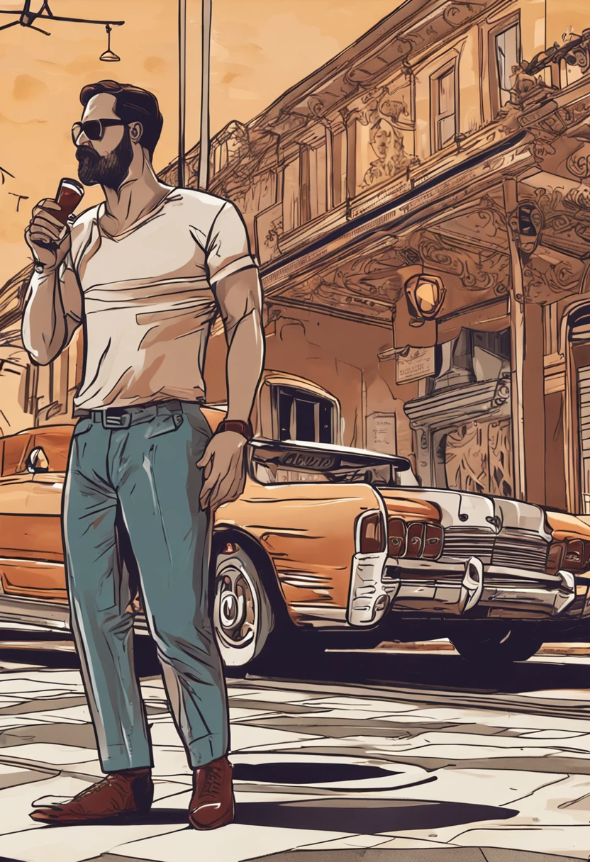 Make a man with obesity, esse homem deve estar usando roupa vermelha, ele deve estar dentro de um bar, He's drinking beer, foto ultra realista, qualidade 8k, fullHD