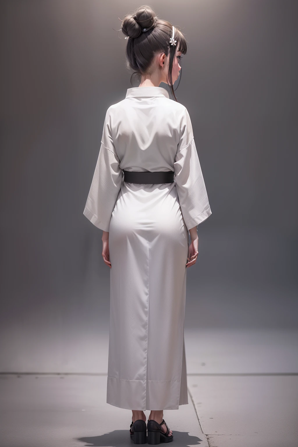 The light is gentle，1 girl in a gray yukata，white sash，burlap，With a petite figure，brunette color hair，hair-bun，Stand in a gloomy prison，Stand up，Full body like，Painful expression，Clothing covers the whole body，seminude，solid color backdrop，back