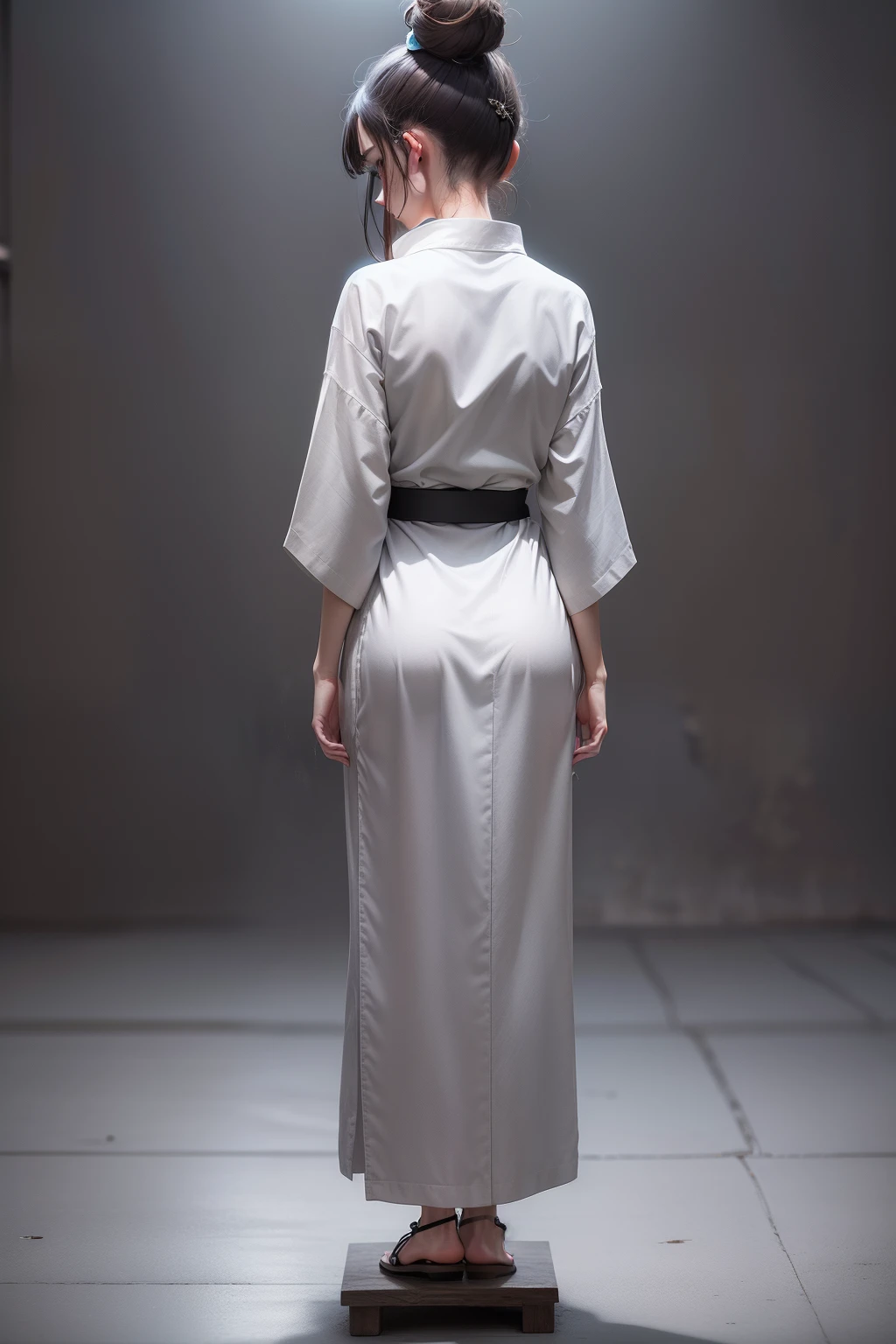 The light is gentle,1 girl in a gray yukata,white sash,burlap,With a petite figure,brunette color hair,hair-bun,Stand in a gloomy prison,Stand up,Full body like,Painful expression,Clothing covers the whole body,seminude,solid color backdrop,back