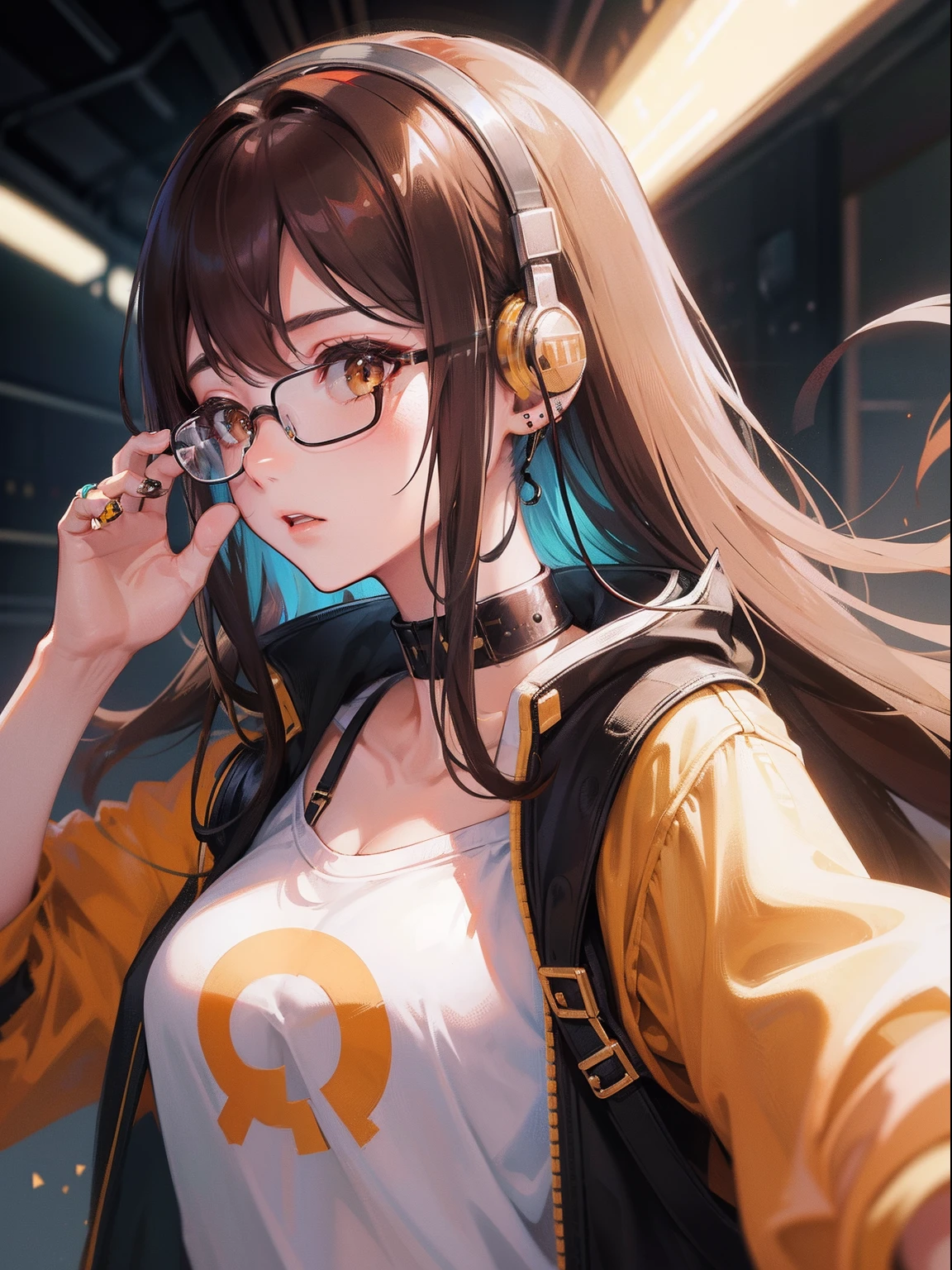 1人の女性、brown haired(Curta)、Brown eyes、Black-rimmed glasses、Ring piercing of the earlobe、headphones、Listen to the music