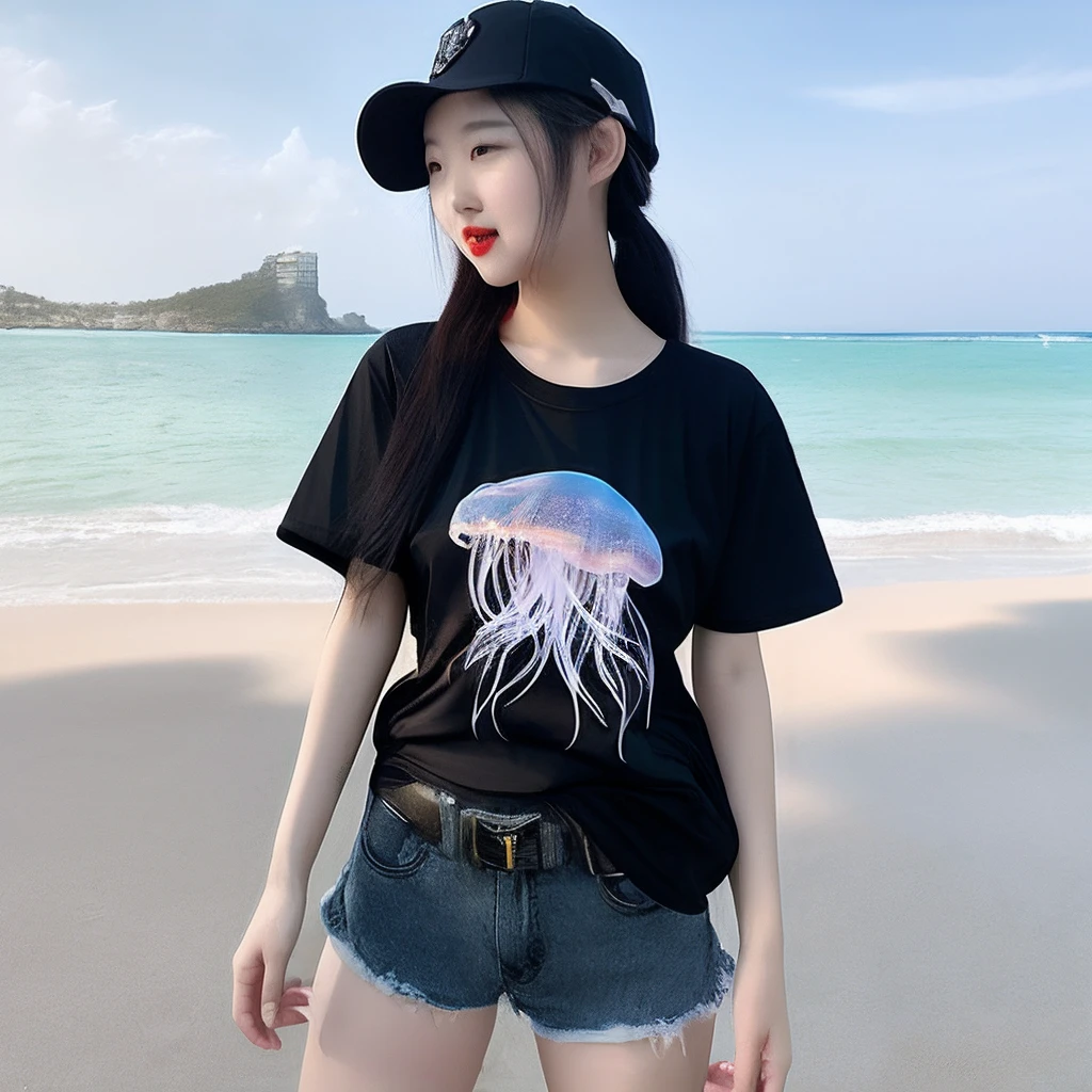 Jellyfish tee shirt、Black fishnet stockings、Beach、tits out、poneyTail、be shy、teats、Beer in one hand