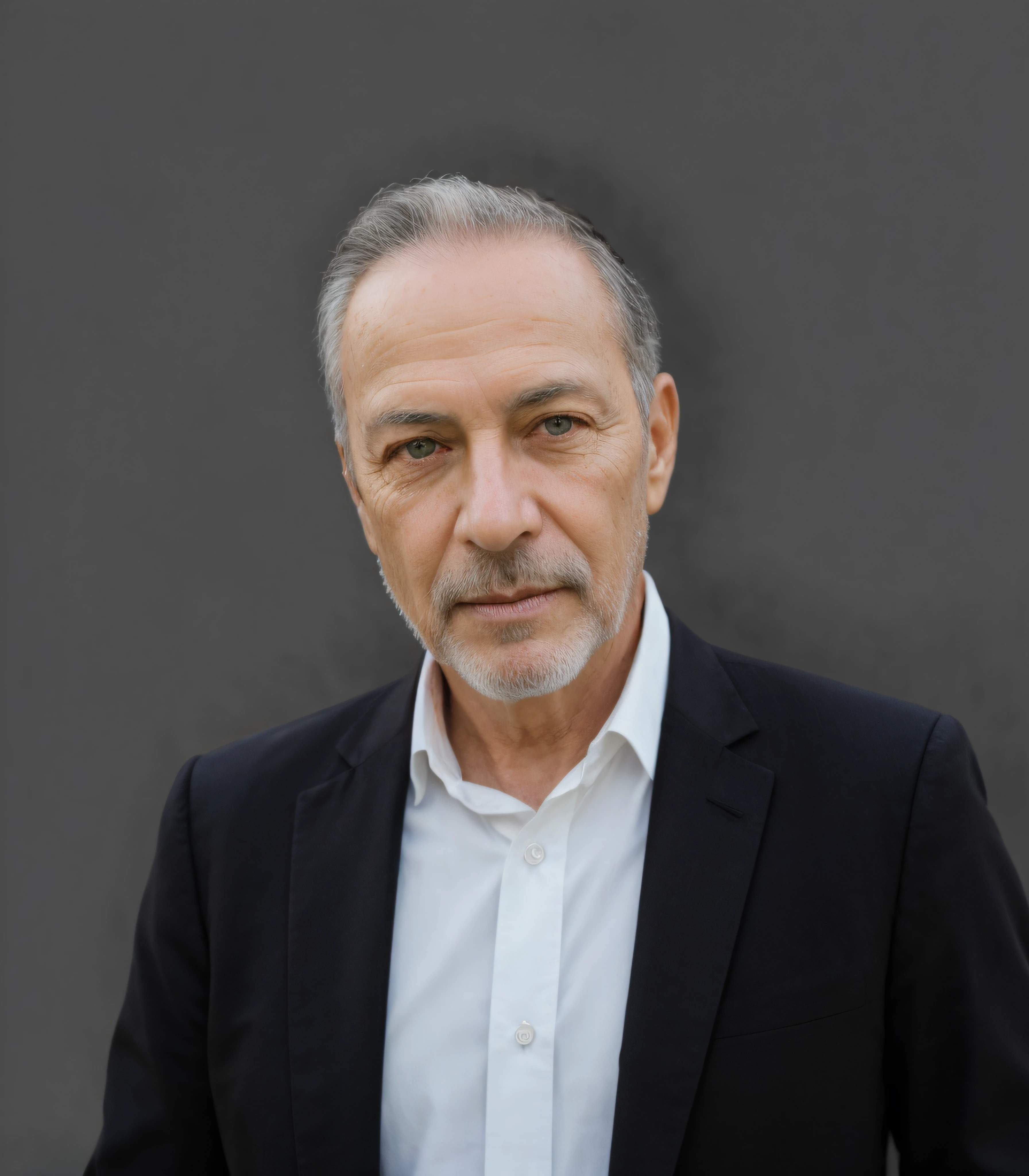Homem 60 anos, olhos azuis, cabelo grisalho, barba grisalha, usando fato formal preto e camisa branca, fundo com as sombras reflectindo, raw photo, amazing photograph, masterpiece, best quality, 8K, high quality, photorealistic, realism, sharp focus, skin imperfections, Ultra detailed, Fujifilm XT3, detailed skin, (masterpiece:1.2) (photorealistic:1.1) (bokeh) (best quality) (detailed skin:1.2) (intricate) (8k) (HDR) (cinematic lighting) (sharp focus)