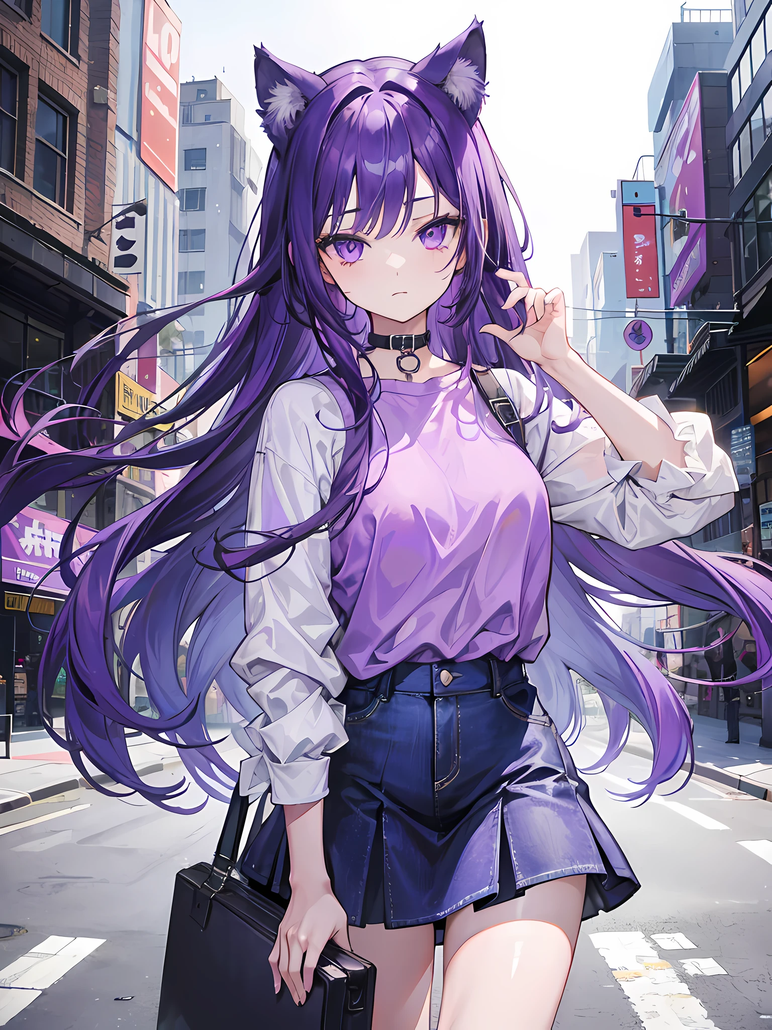 1girl, Long violet hair, cat Ears, violet eyes, perfect face, wearing plain purple shirt, denim skirt, city, absurdres, high res, ultra sharp, 8K, masterpiece, looking at viewer
