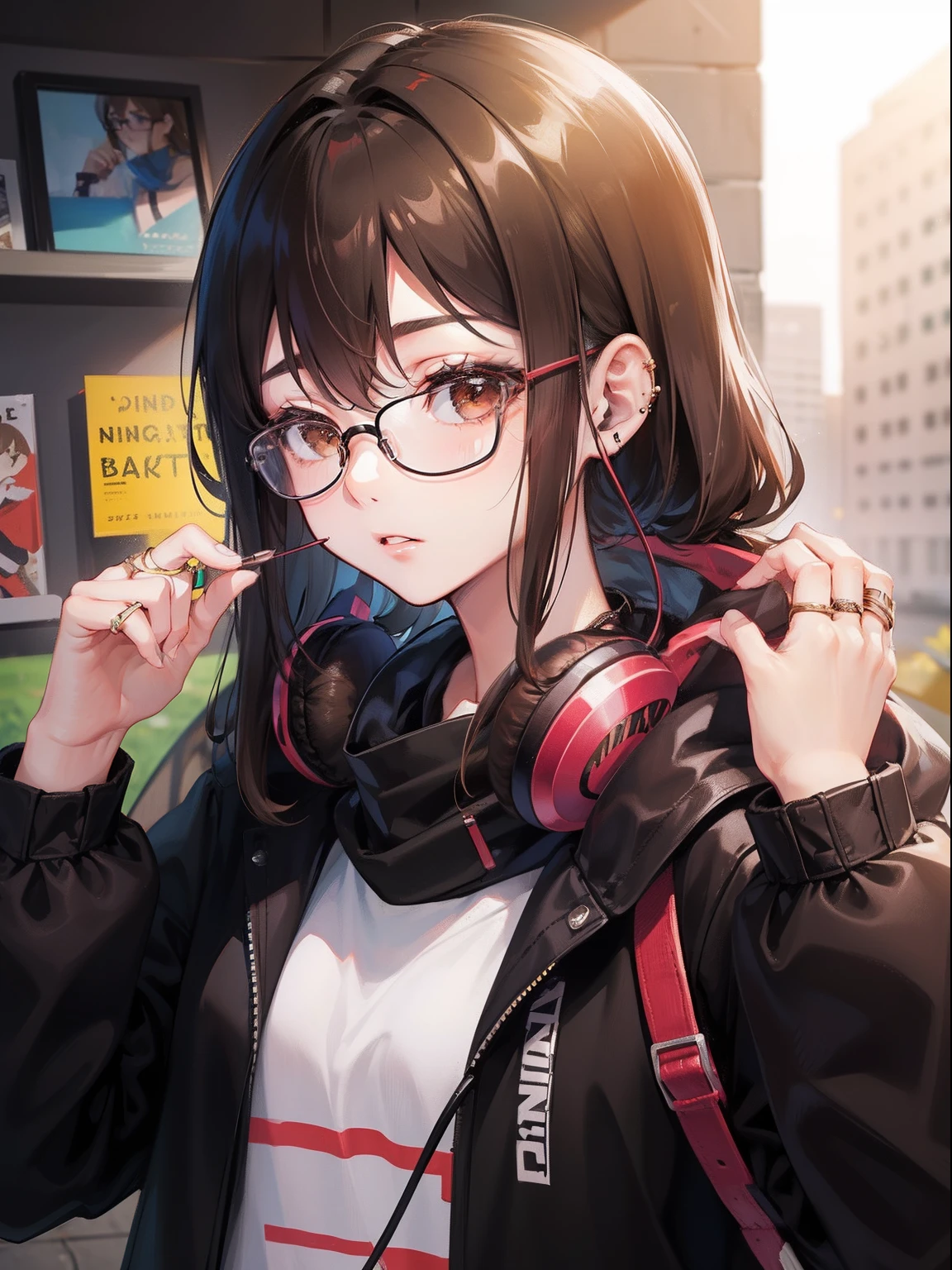 1人の女性、brown haired(Curta)、Brown eyes、Black-rimmed glasses、Ring piercing of the earlobe、headphones、Listen to the music