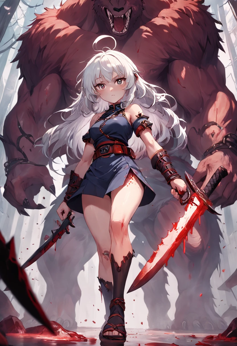 A cute little beastly woman with white hair and two knives in her hands with chains and blood around her fighting a giant bear