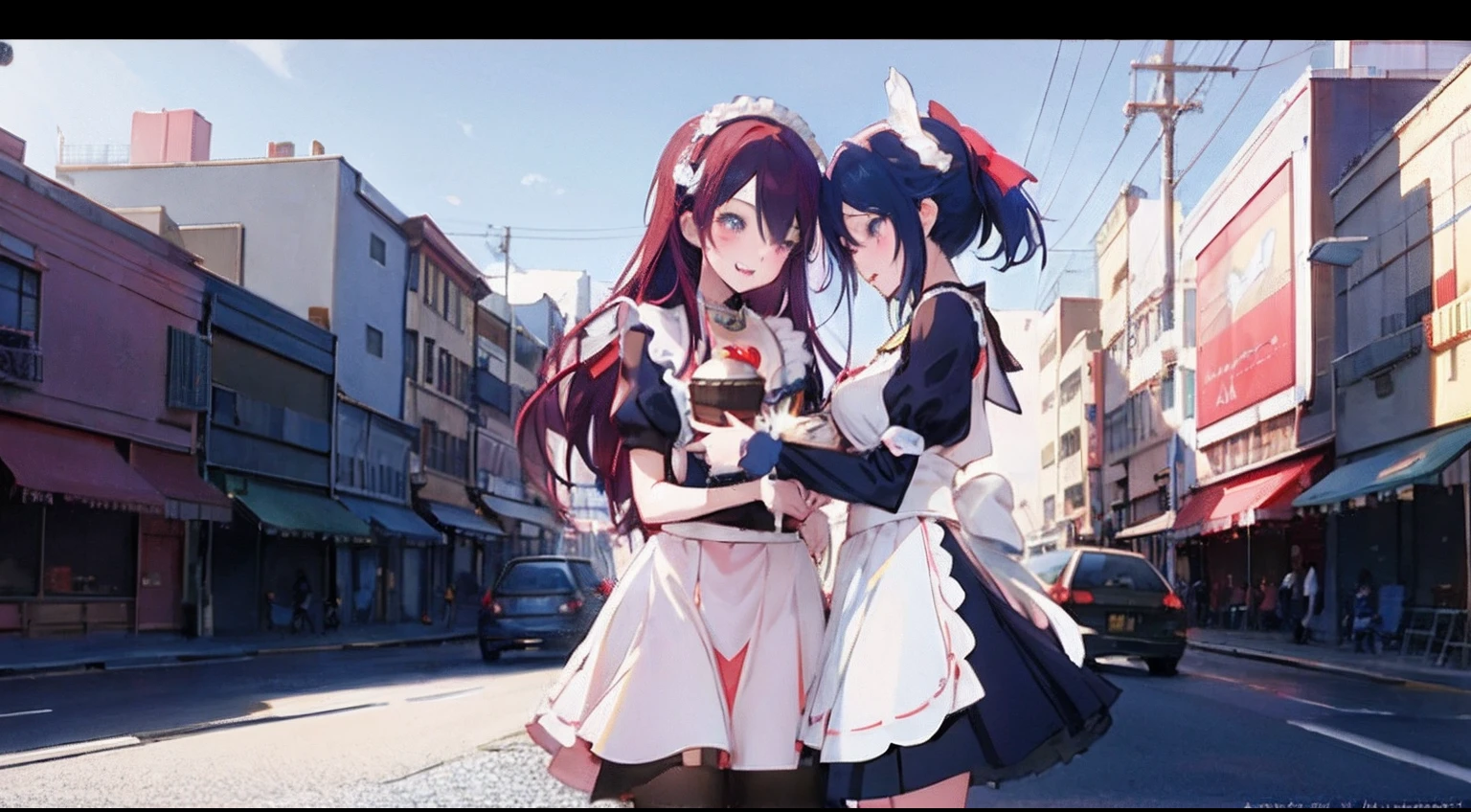 Masterpiece, cinematic, 2girls,anime girls in costumes with a cake and a cupcake, wlop and sakimichan, anime style 4k, two beautiful anime girls, high detailed official artwork, guweiz on pixiv artstation, best anime 4k konachan wallpaper, anime maids riding early tanks, pixiv style, pixiv 3dcg, detailed digital anime art, hugging