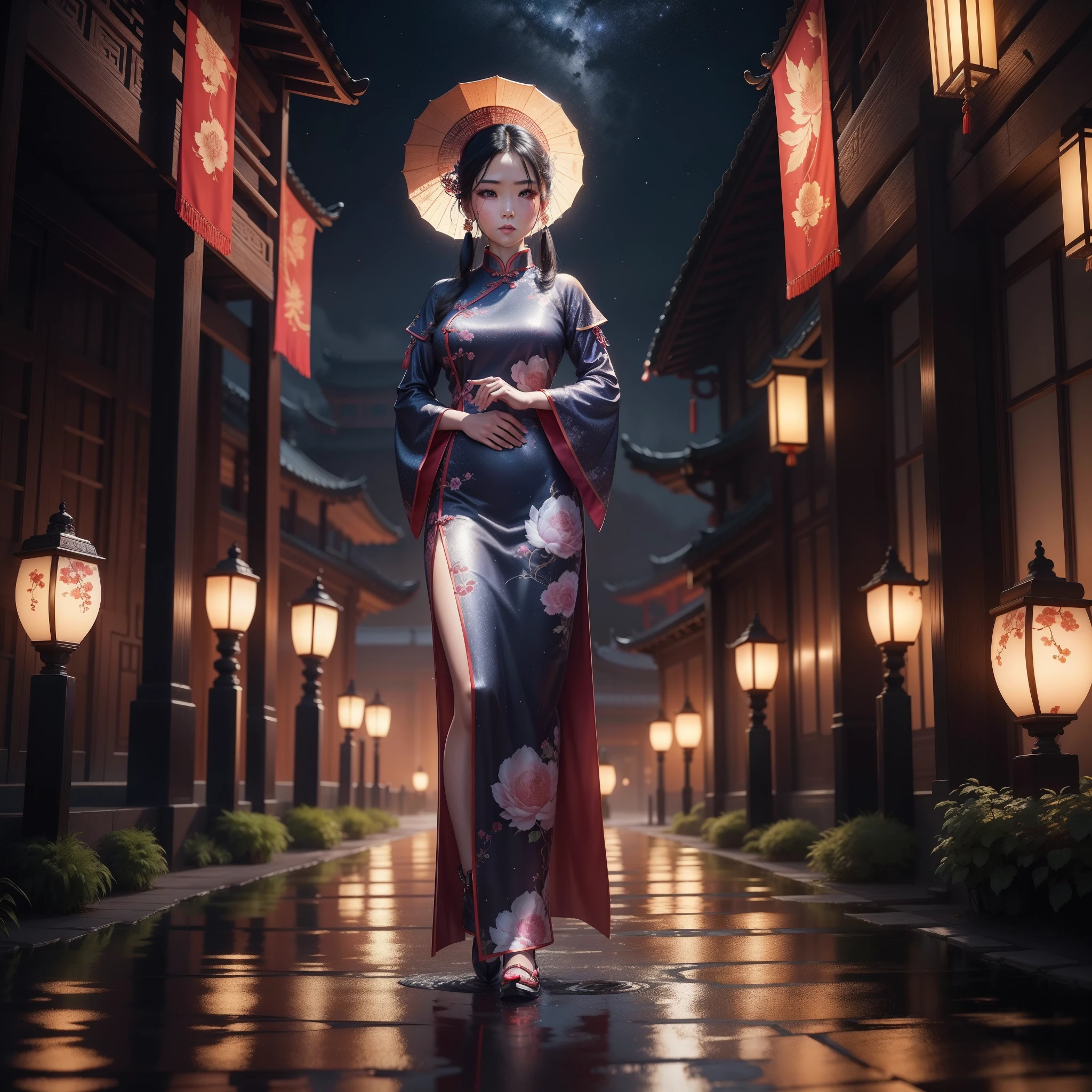 A beautiful chinese woman dressed in chinese design clothes, standing on a wet surface ground,  with chinese designed sculptures in the background with the moonlight and night sky full of stars, chinese designed instruments in the scene, with iridescent light, highly detailed images, vibrant beautiful colours, photorealistic image, 8k, ultra HD, unreal engine rendered, cinematic lighting, artgerm style,