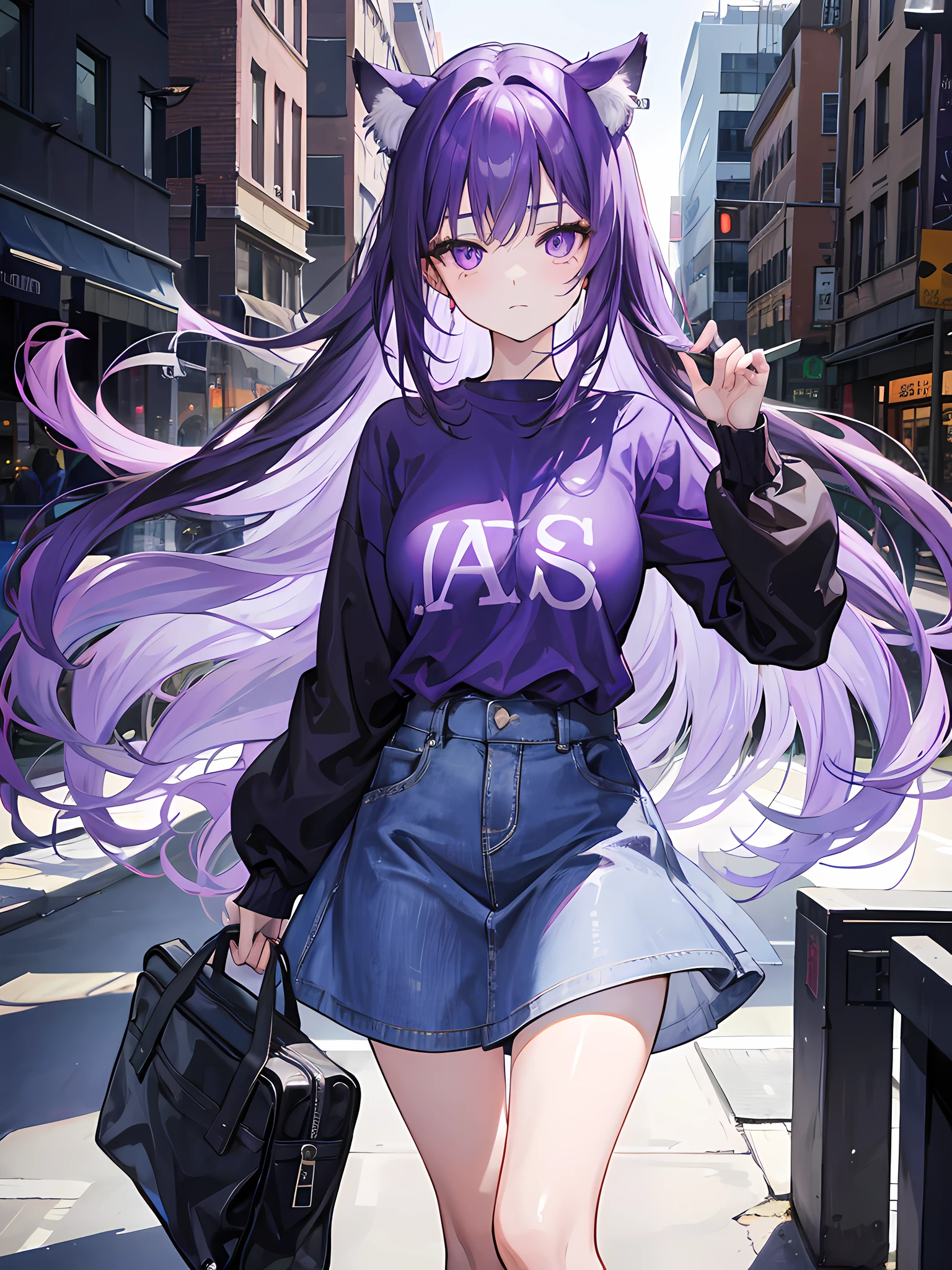 anime girl with long purple hair and a white shirt holding a cell phone, anime moe artstyle, beautiful anime high school girl, kantai collection style, marin kitagawa fanart, anime style 4 k, ilya kuvshinov with long hair, misato katsuragi, smooth anime cg art, ecchi anime style, anime style. 8k