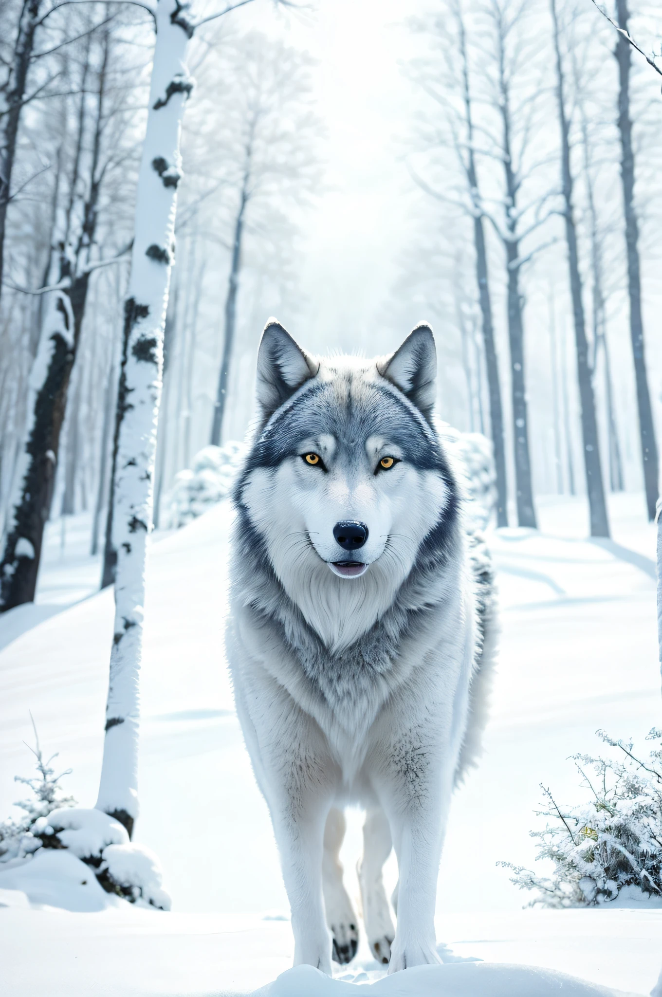 There's a wolf that's standing in the snow, Lobo branco com olhos azuis, lobo peludo, retrato do lobo da fantasia, com pelo azul e olhos azuis, Realistic. Pelo detalhado, arte peluda muito bonita, Lobo em um campo de neve, dramatic cinematic detailed fur, arte digital detalhada bonito, lobo branco, arte digital animal foto, lindos olhos brancos brilhantes, detalhado realista bonito