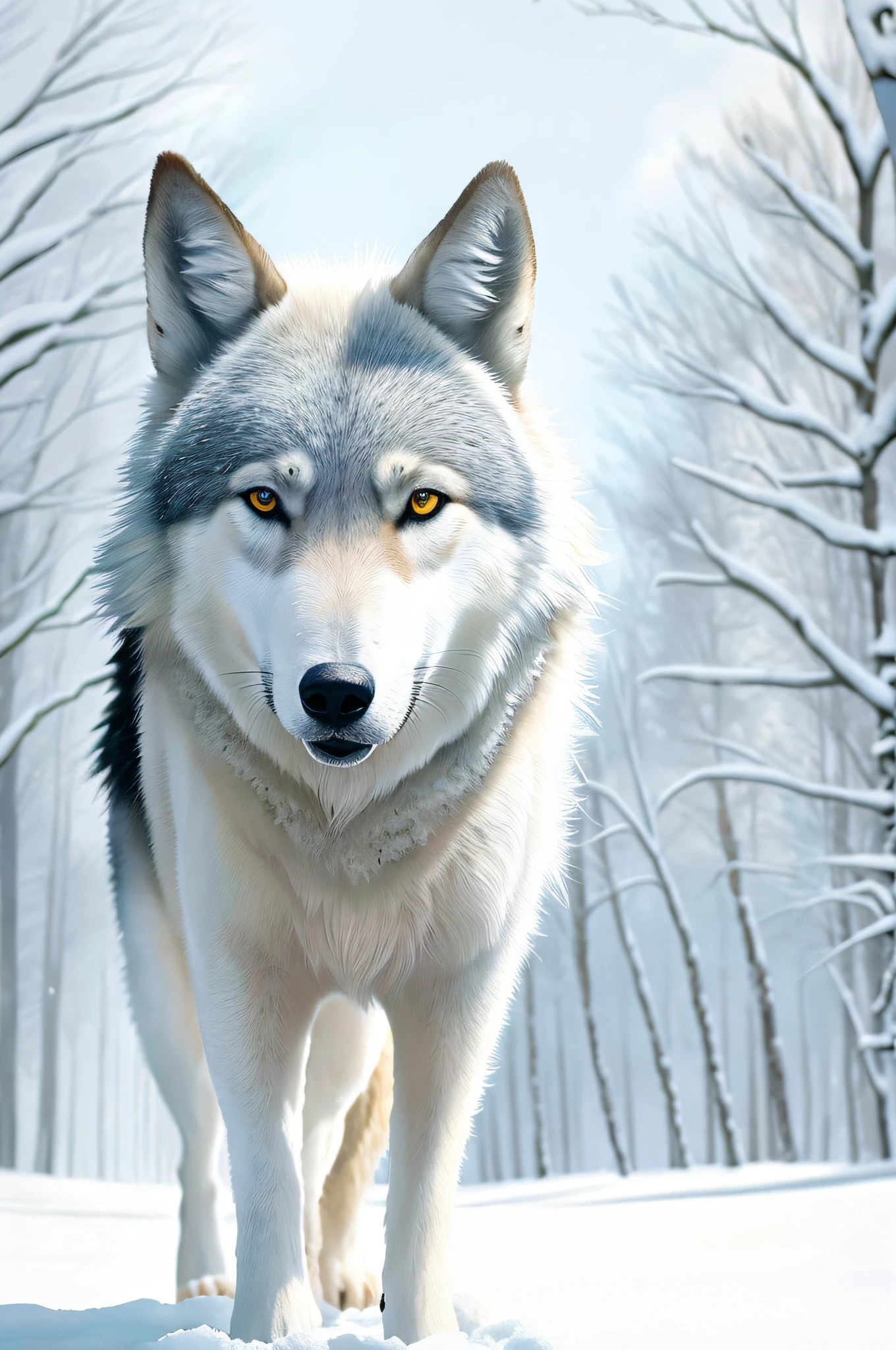 There's a wolf that's standing in the snow, Lobo branco com olhos azuis, lobo peludo, retrato do lobo da fantasia, com pelo azul e olhos azuis, Realistic. Pelo detalhado, arte peluda muito bonita, Lobo em um campo de neve, dramatic cinematic detailed fur, arte digital detalhada bonito, lobo branco, arte digital animal foto, lindos olhos brancos brilhantes, detalhado realista bonito