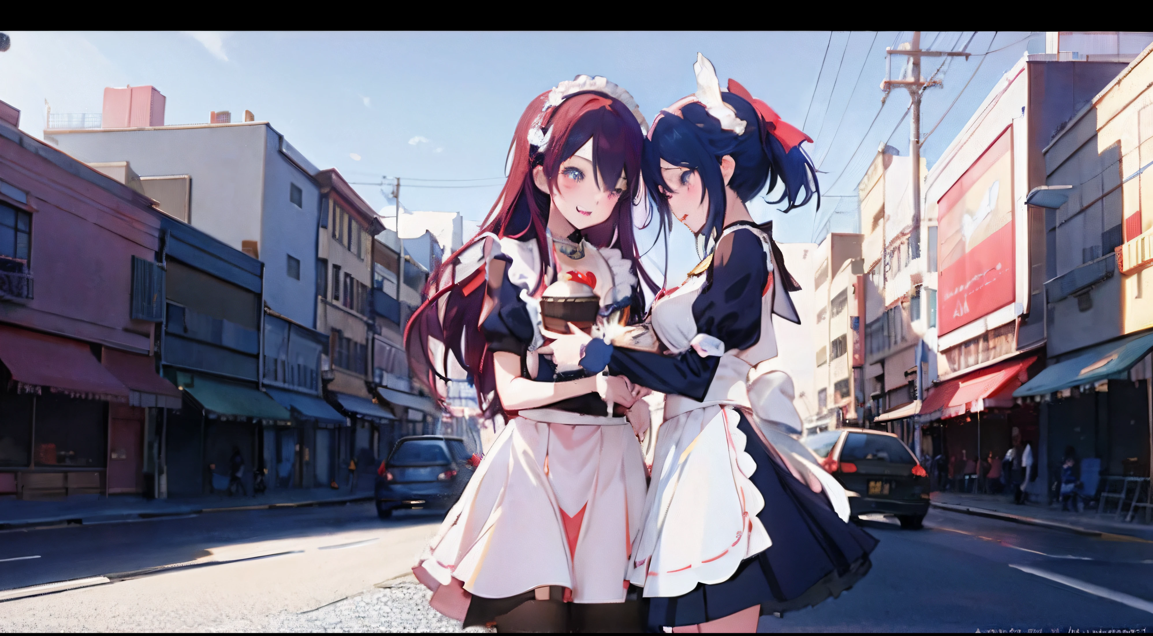 Masterpiece, cinematic, 2girls,anime girls in costumes with a cake and a cupcake, wlop and sakimichan, anime style 4k, two beautiful anime girls, high detailed official artwork, guweiz on pixiv artstation, best anime 4k konachan wallpaper, anime maids riding early tanks, pixiv style, pixiv 3dcg, detailed digital anime art, hugging