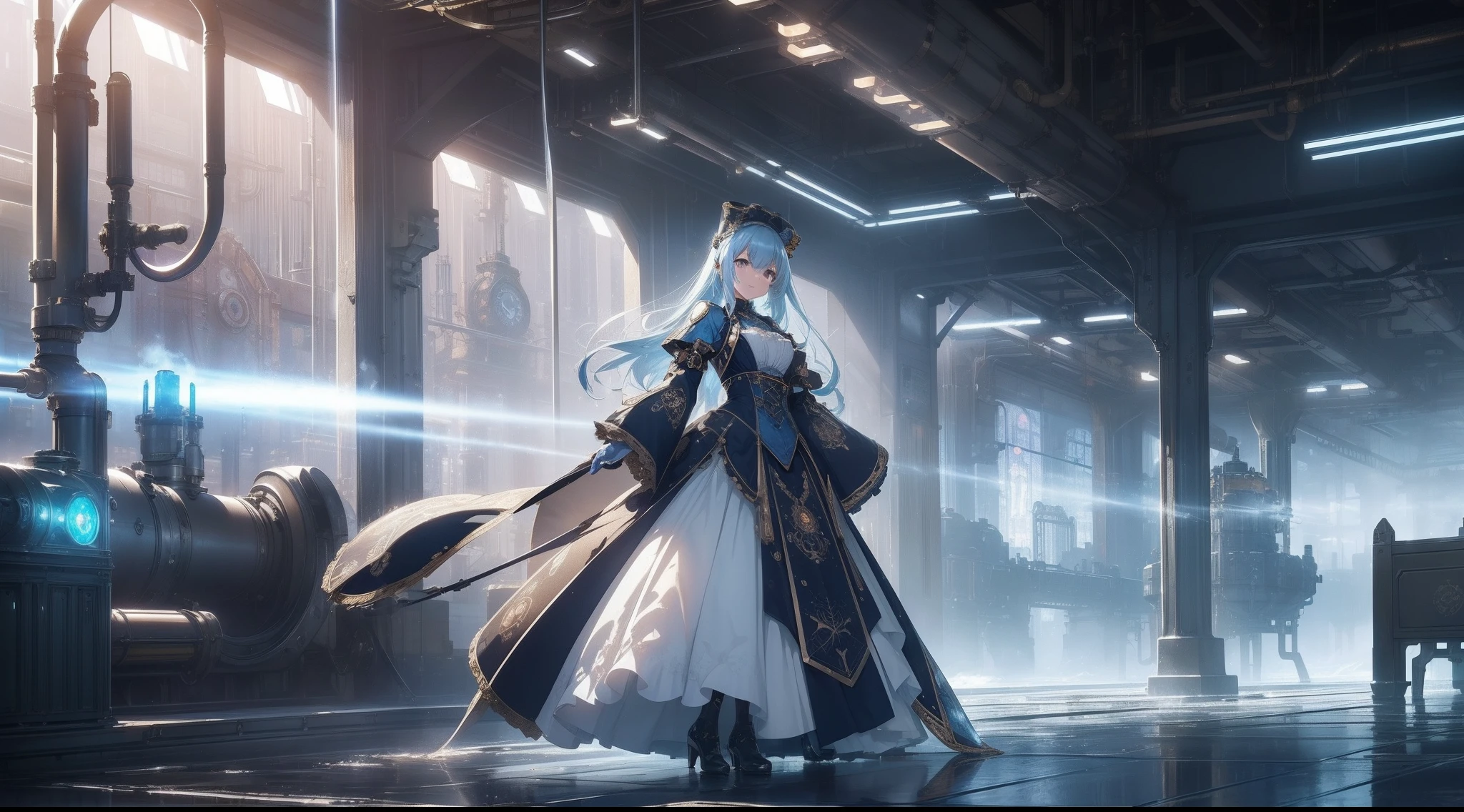 masutepiece, 8K,超A high resolution, Top resolution, Accurate rendering, Beautiful and smooth depiction, Overhead view, Very cute woman in anime style, Autumn makeup, Eyes drawn in great detail, Slender fingers drawn in detail,Wearing a high-level dress in Victorian steampunk style, Costume with built-in water cooling mechanism, Blue straight hair, ((Intricately designed piping and gear, Sky blue coat adorned with countless gears and chronometers, Full body, Abundant steam, )), zoomout, high sky, Galaxy Images, Perspective, ((Faint smile)), Emitting countless nixie lights, (((A retro Victorian-style industrial city surrounded by rugged valleys, An industrial city built with countless gears and pipes, Bright city decorated with nixie lights, Steam overflow, Spatial expanse, Sunlight is covered with steam))), (((radiant light, Splash expression))), ink drops, splashart,