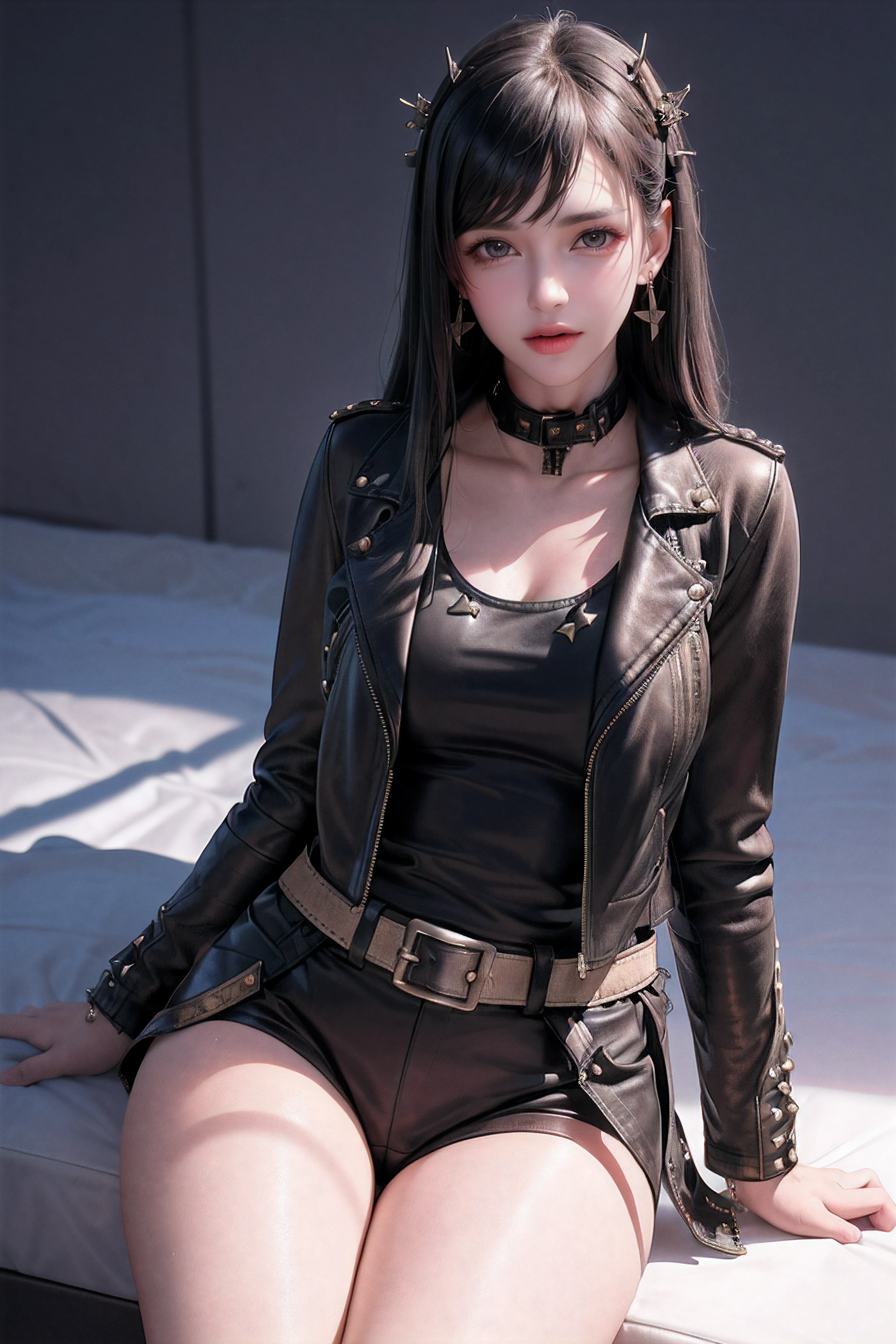 (best quality,highres,masterpiece:1.2),devote slavegirl,beautiful detailed face,flowing long hair, three stylish studdet belts,edgy leather jacket,sleek leather boots,chic leather skirt,determined gaze,creeping on all fours