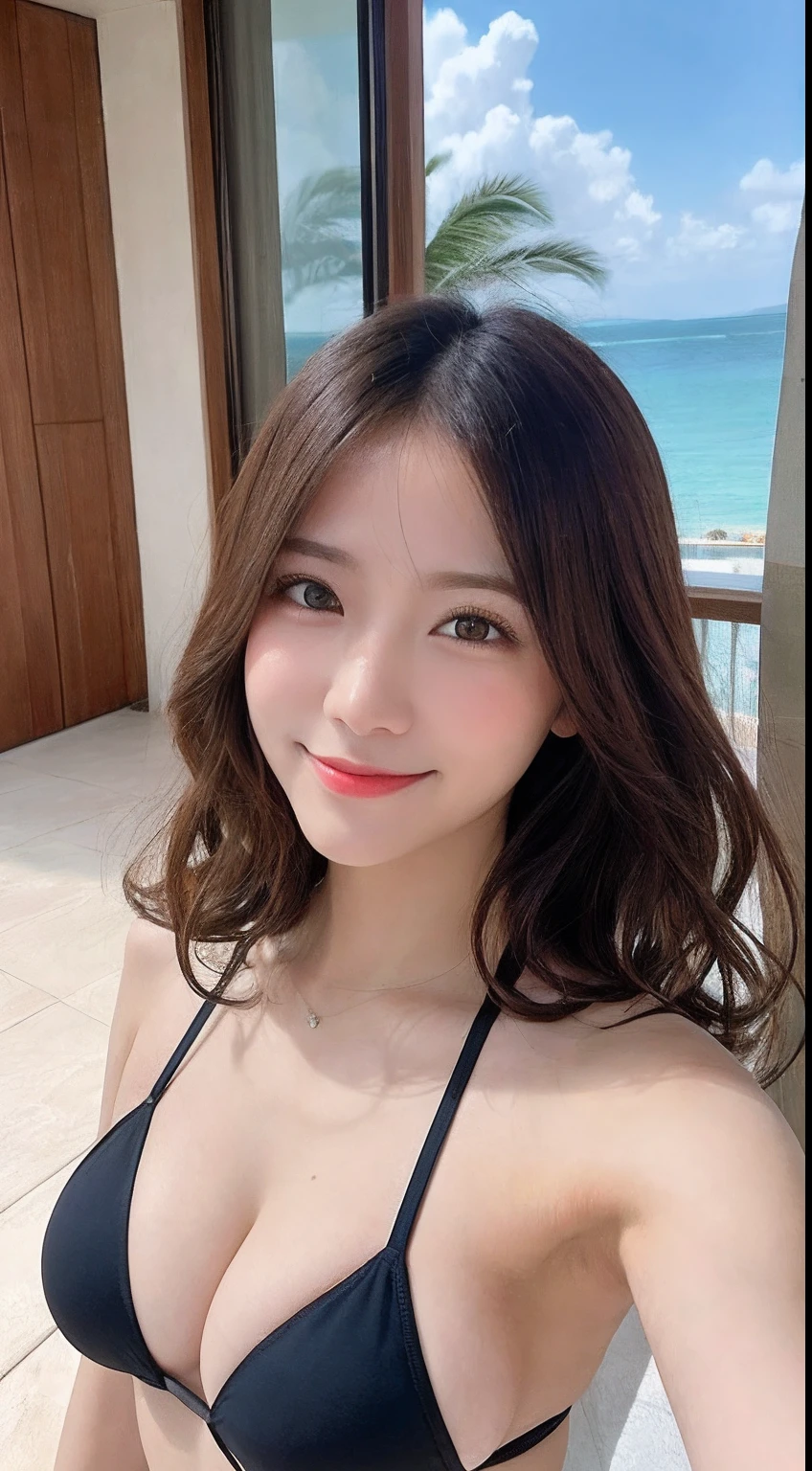 masutepiece, Best Quality, Illustration, Ultra-detailed, finely detail, hight resolution, 8K Wallpaper, Perfect dynamic composition, Beautiful detailed eyes, bikini of,Medium Hair, Big breasts, Natural Color Lip, Smile,selfie photo,Hotel, veranda, ocean view,Curly hair