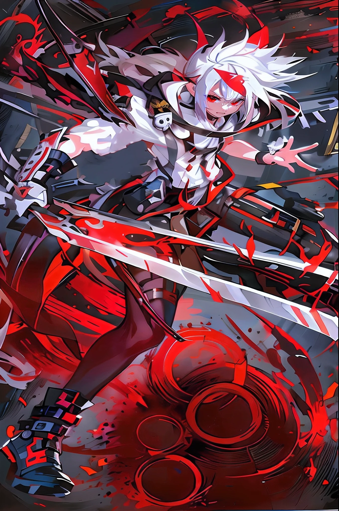 a woman wearing a black jacket and red shirt holding a crossbow, best quality, intricate details, chromatic aberration, hand drawn, 1girl, white hair, red highlights, red eyes, sharp eyes, choker, neon shirt, torn legwear, ((modern city background))