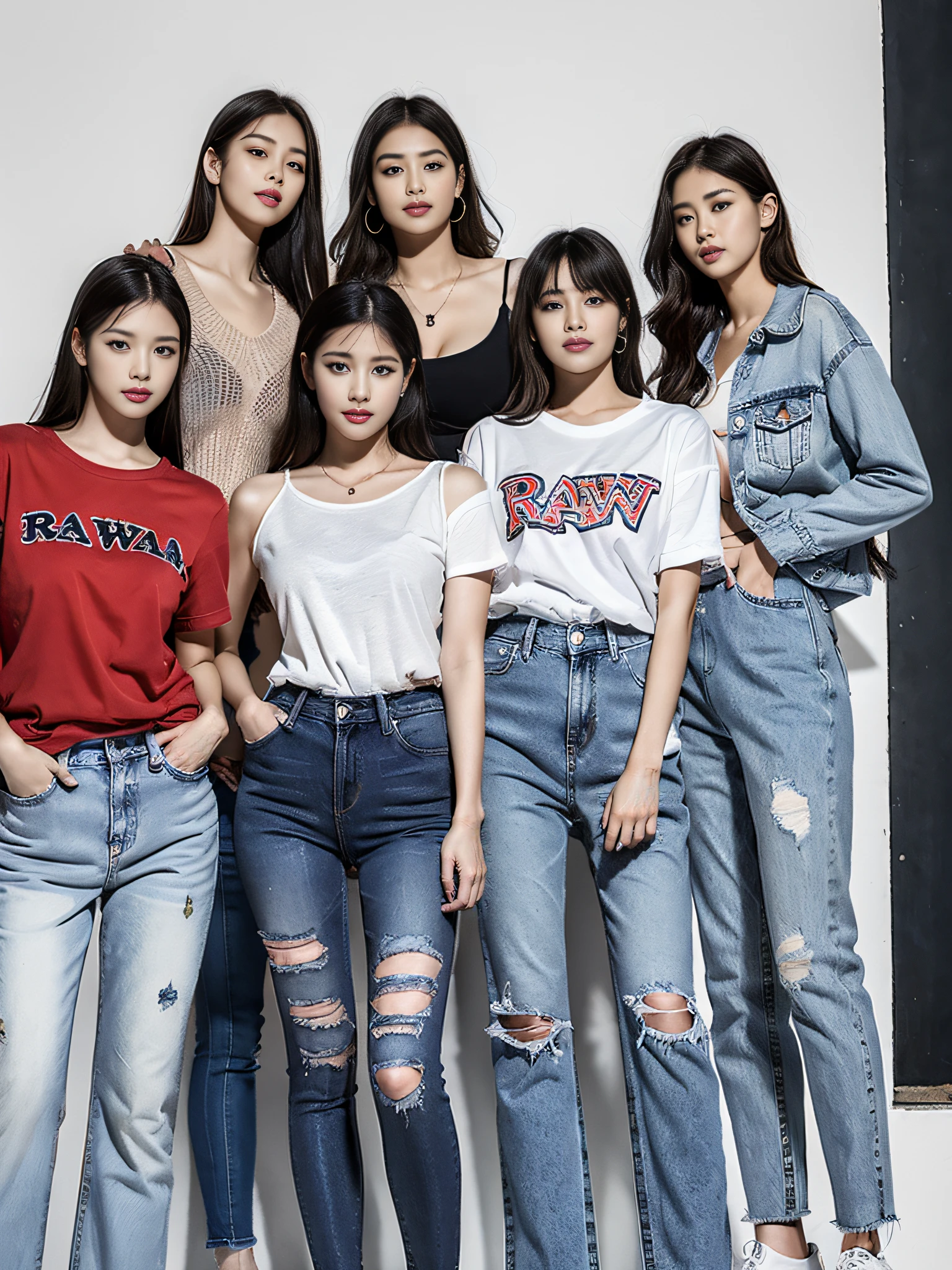 (RAW photo:1.2), (Photorealistic:1.4),Beautiful detailed woman,very detailed eyes and faces, A detailed eye, ultra - detailed, A high resolution, The is very detailed,best qualtiy,illustratio,unified,8k 壁纸,tmasterpiece,best qualtiy,A group of young women standing side by side in jeans, casual clothing style, casual modern clothing, blackpink, modern casual clothing, wearing casual cloths, female human body whole body, ( ( ( Wearing jeans ) ) ), Fashion clothing, photoshoot, wearing black clothes, wearing casual cloths