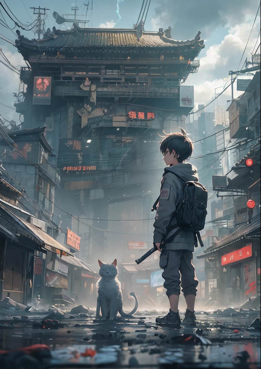 1boy,、Cyberpunk Boy、katanas,machine gun、cat ear、short hairstyle、Whole body bloody、Back lighting,The beginning of the adventure、Lots of clouds,beautiful fog,Chaotic city of the future、ruined and devastated city、dystopian、A very complex group of Chinese buildings stands in the center、Highly complex Chinese buildings、Dim lighting、puddles、Chaotic landscape、Beautiful and fantastic scenery、Cinematic scenery、hightquality、masutepiece,8K、hight resolution、ultra-detailliert,