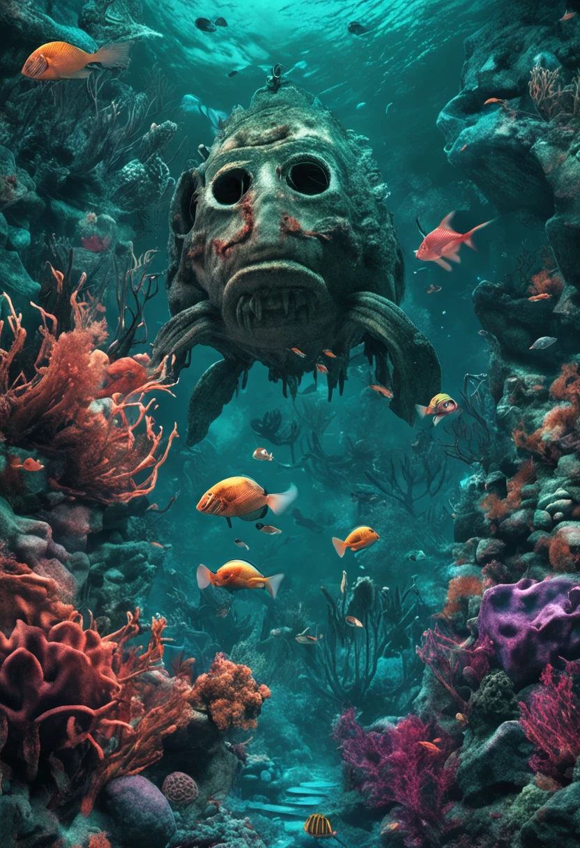 the cover page for magazine, intricate underwater worlds, uncanny valley realism, gothic horror, aquamarine, digitally enhanced