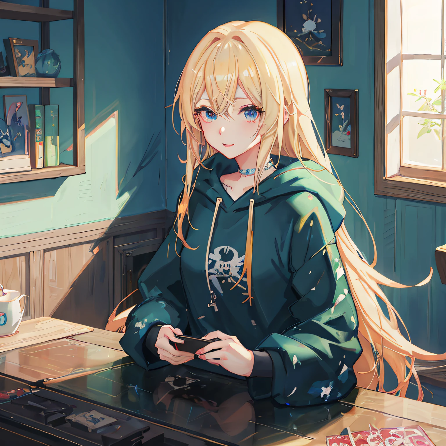 Anime Girl sitting at a table with a cell phone in her hand, blonde anime girl with long hair, digital anime illustration, painted in anime painter studio, anime visual of a cute girl, Anime Fille aux cheveux longs, marin kitagawa fanart, digital anime art, Guweiz sur Pixiv Artstation, made with anime painter studio, Anime Moe Artstyle