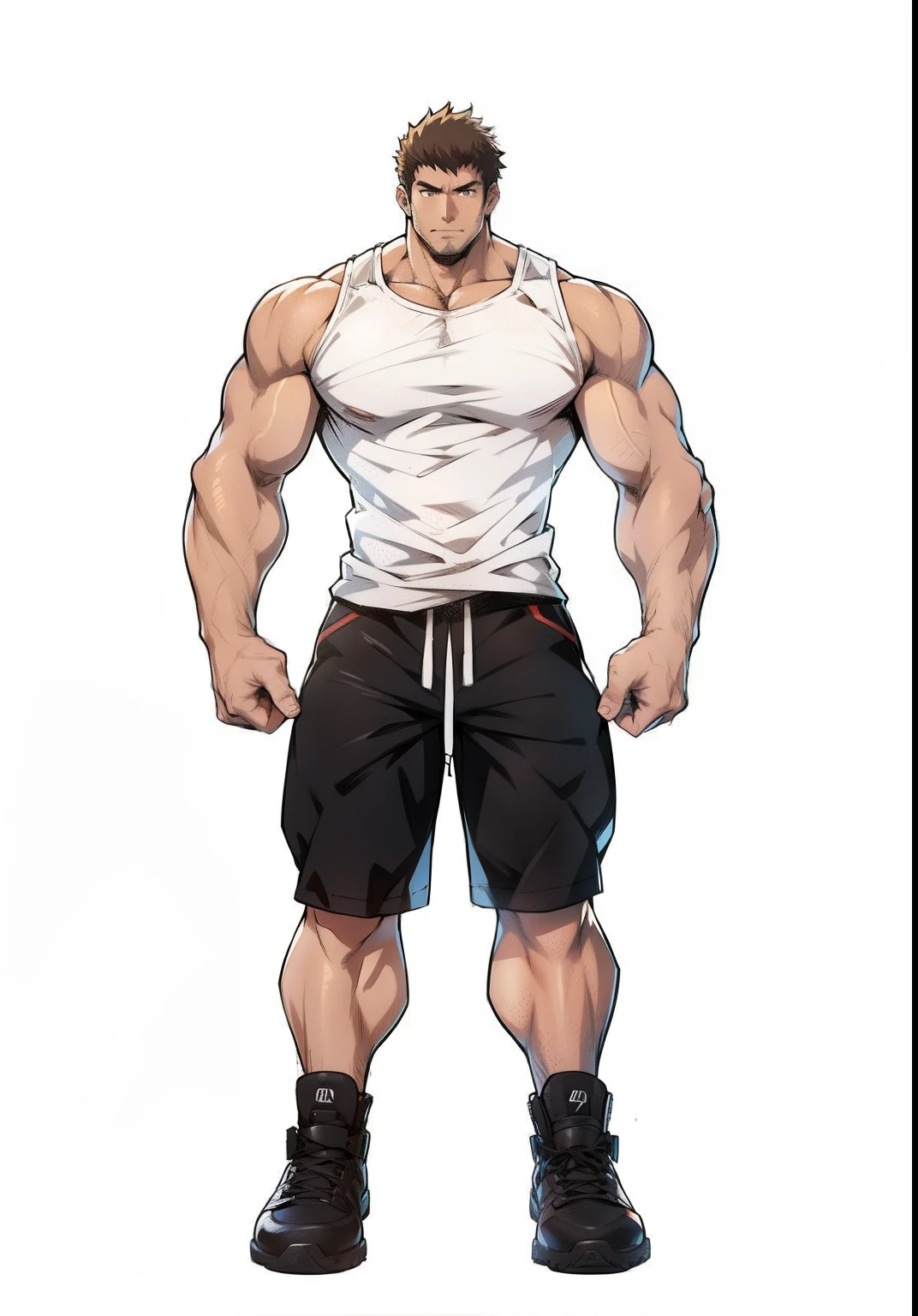 (8K, best quality, masterpiece:1.2),(best quality:1.0), (Ultra-high resolution:1.0),(Delicate facial features:1.0),cartoon, A muscular man, Tattoo,shorts,Sleeveless shirt,Right hand watch,slippers,Full body portrait,