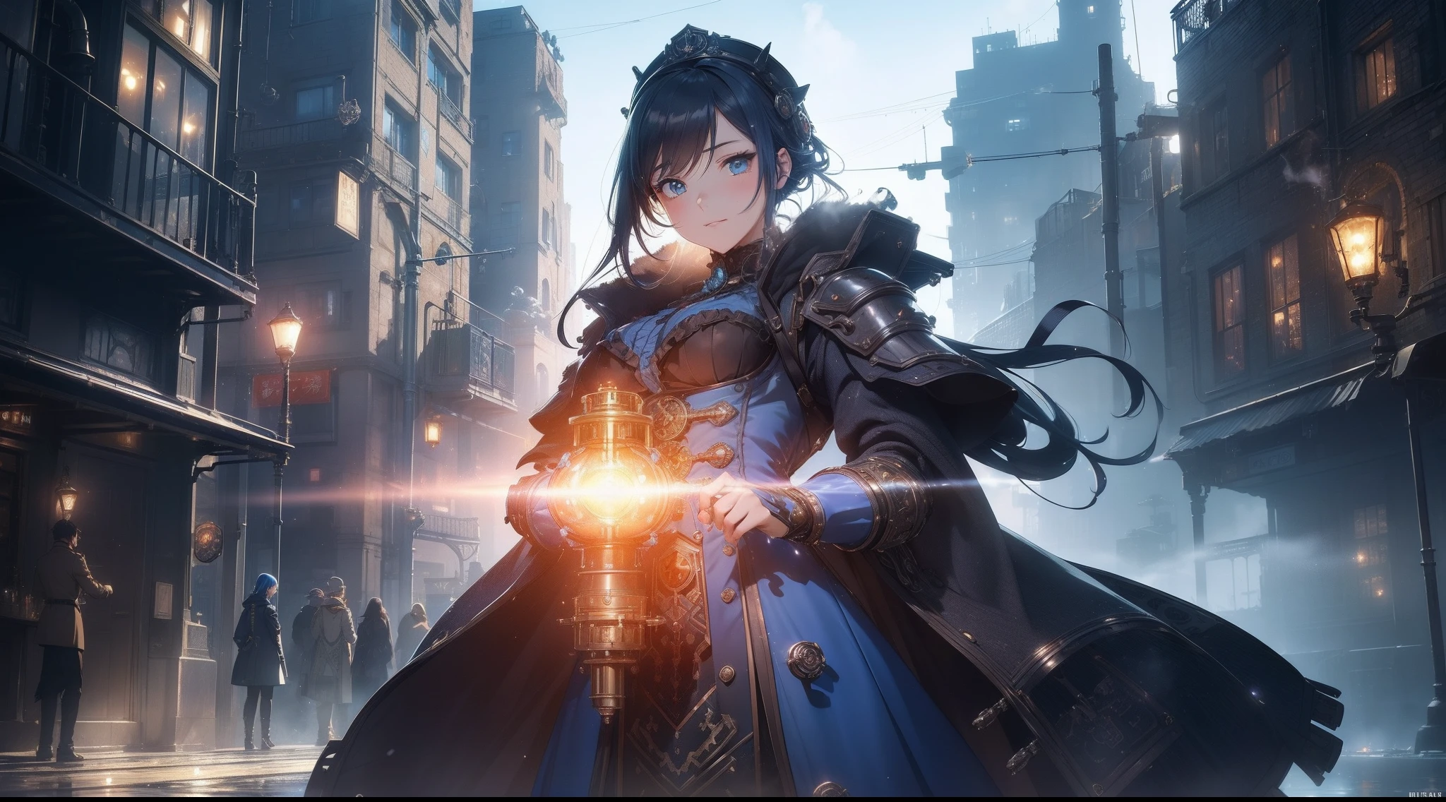 masutepiece, 8K,超A high resolution, Top resolution, Accurate rendering, Beautiful and smooth depiction, Overhead view, Very cute woman in anime style, Autumn makeup, Eyes drawn in great detail, Slender fingers drawn in detail,Wearing a high-level dress in Victorian steampunk style, Costume with built-in water cooling mechanism, Blue straight hair, ((Intricately designed piping and gear, Sky blue coat adorned with countless gears and chronometers, Full body, Abundant steam, )), zoomout, high sky, Galaxy Images, Perspective, ((Faint smile)), Emitting countless nixie lights, (((A retro Victorian-style industrial city surrounded by rugged valleys, An industrial city built with countless gears and pipes, Bright city decorated with nixie lights, Steam overflow, Spatial expanse, Sunlight is covered with steam))), (((radiant light, Splash expression))), ink drops, splashart,