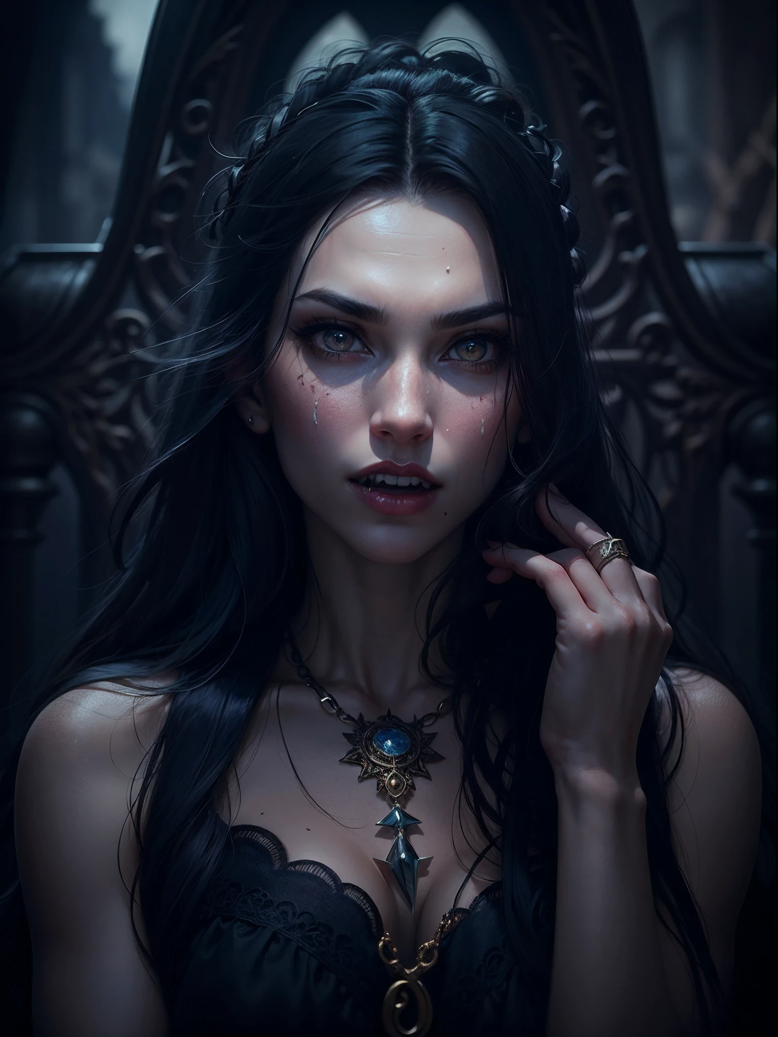 (Masterpiece, Gothic fantasy depiction:1.3), (Charming image of a vampire with sharp fangs, Long black hair, and sexy body:1.2), (Designed to embody dark and supernatural charm:1.2), (Canon EOS 6D camera, Selected for its ability to accurately capture dimly lit scenes:1.2), (With Canon EF 50mm f/1.8 STM lenses,Used to focus on detail in low light:1.2), (The pale skin forms an otherworldly contrast with the darkness:1.1), (Sharp fangs hint at her predatory nature:1.1), (Layers of black hair set off her face,Exudes a mysterious aura:1.1), (Wear a well-fitting Gothic costume,Show off her charm:1.1), (Sitting majestically on a medieval throne in the dimly lit rooms of the castle:1.1), (The intricate details of the castle architecture hint at its age and grandeur:1.1), (Scarce lighting creates an unforgettable atmosphere:1.1), (Her crimson eyes sparkled in the shadows, Capture the essence of her supernatural existence:1.1), (The camera's sensor captures the nuances of light and shadow:1.1), (The camera focuses on her mysterious expression and stern gaze:1.1), (Depict the mysterious beauty of the Vampire Queen:1.1), (Instantly frozen in time, Capture the essence of dark fantasy:1.1), (A photograph transports the viewer into the realm of Gothic charm and mythological intrigue:1.1)), Cinematic, Hyper-detailed, insanely details, beautifully color-graded, illusory engine, degrees of freedom, Hyper-Resolution, megapixel, Cinematic lightning, Anti-aliasing, FKAA, TXAA, RTX, SSAO, post-proces, postproduction, Tone-mapping, ..CGI, vfx, SFX, insanely detailed and intricate, hyper-maximalist, Ultra photo realsisim, volumetr, Photorealistic, The ultra-realistice, Ultra-detailed, Intricate details, Super detailed, Full color, Volumetric lightning, hdr, Realistic, illusory engine, 16k, Sharp focus, rendering by octane