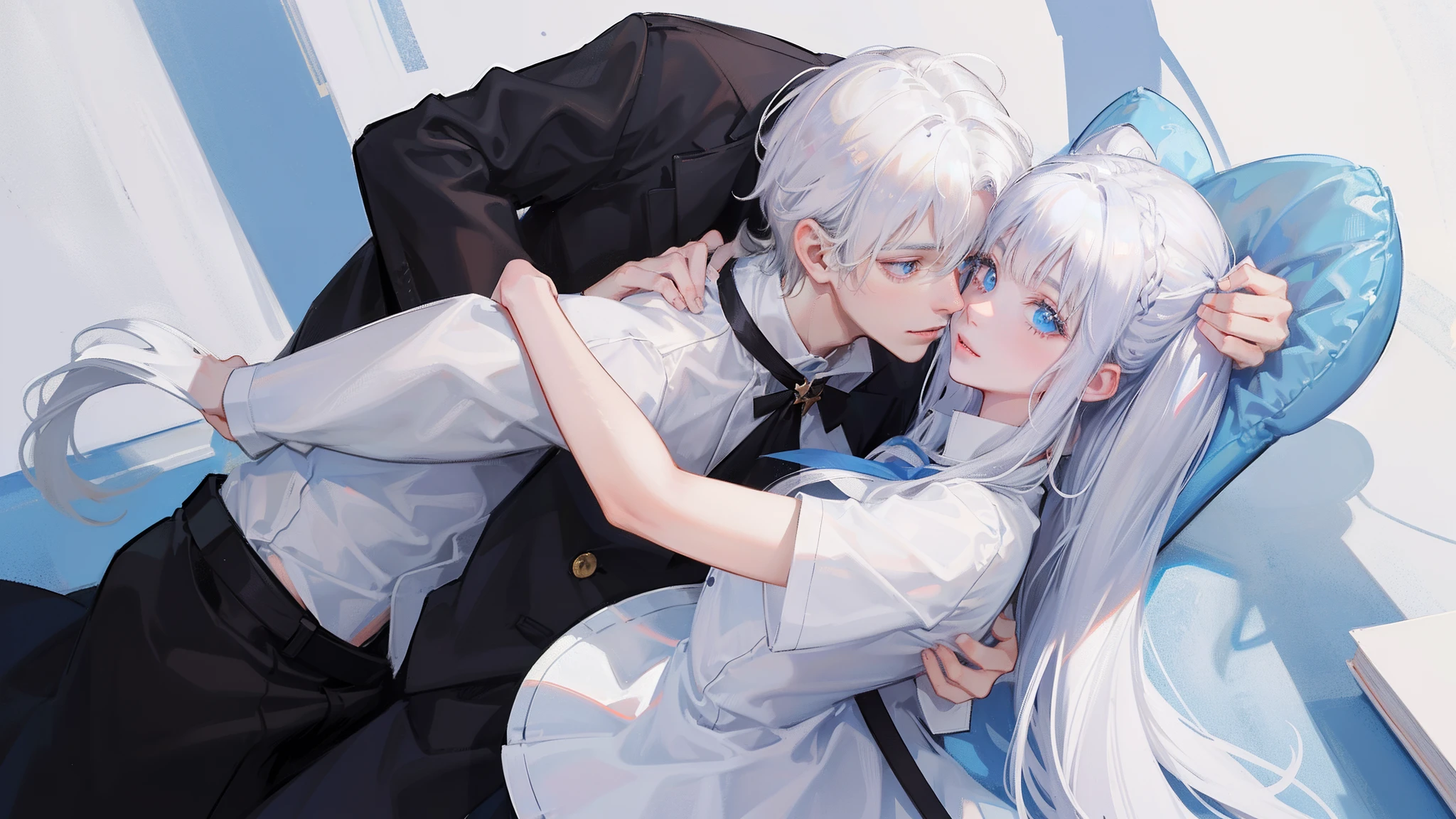 A boy with white hair and blue eyes and a girl with long white hair golden eyes and huge ass, school uniform, modern