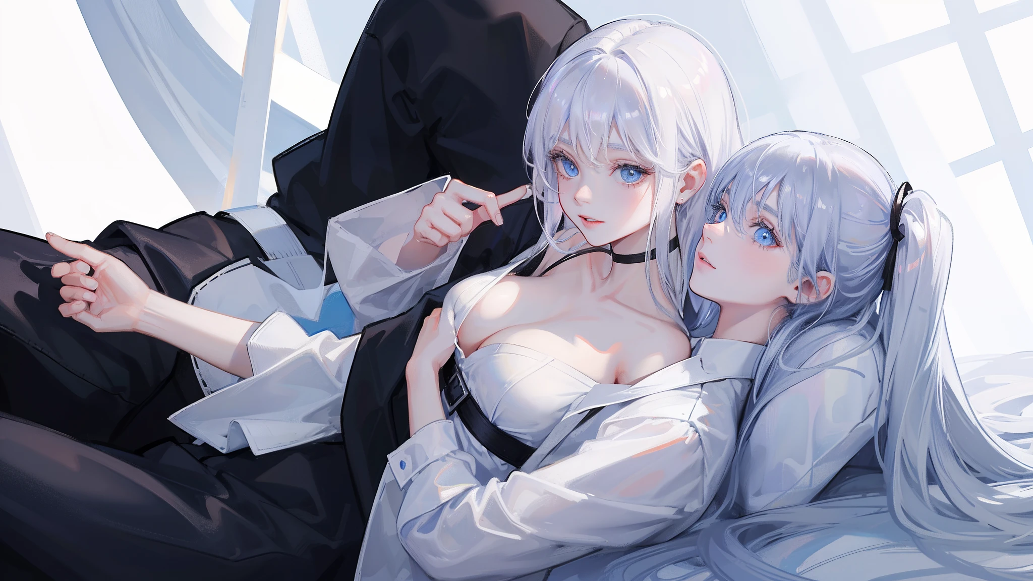 The white-haired, blue-eyed, young girl in a white shirt hugged the boy with black hair and blue-eyed eyes，Embrace the ultimate in light and shadow，k hd，and the sun was shining brightly，is shy，White skin