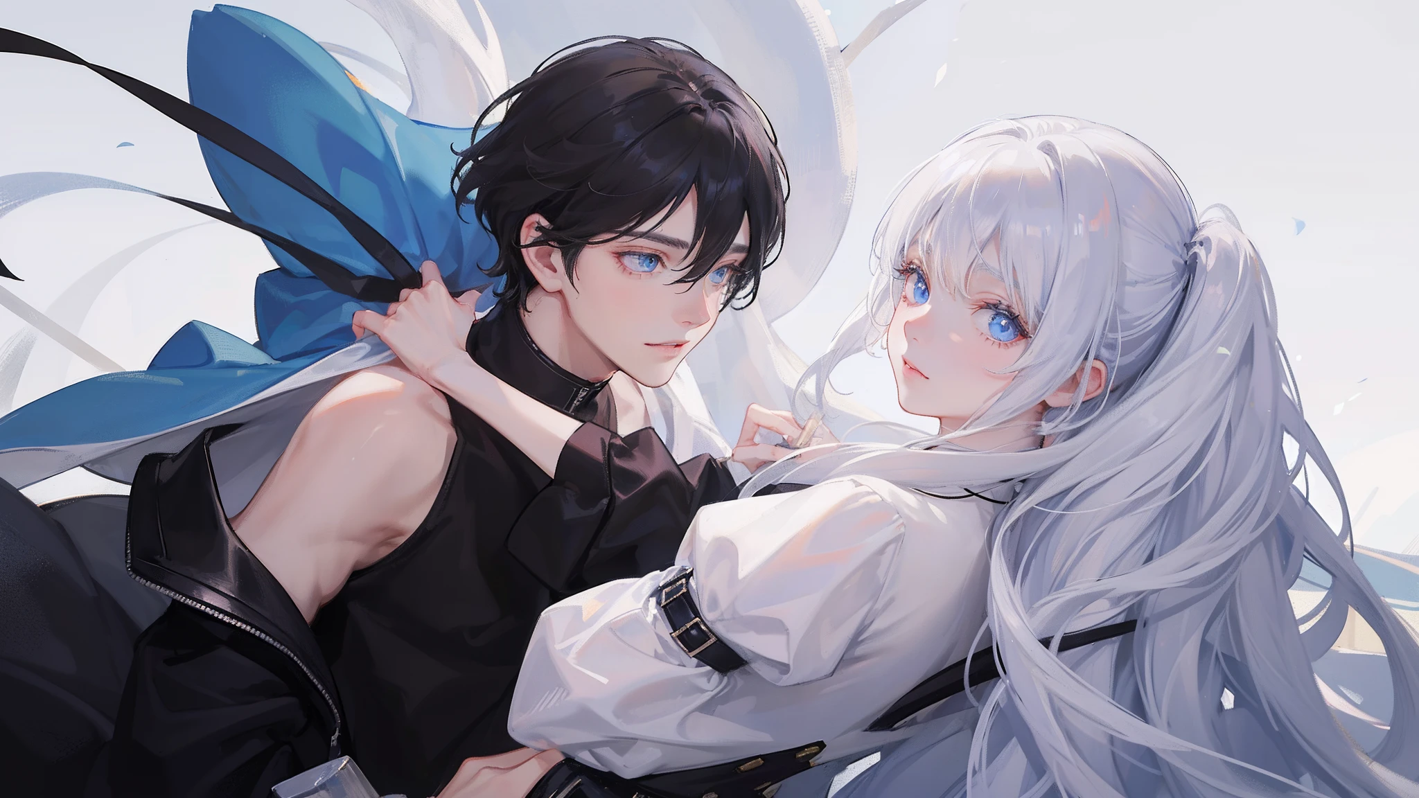 The white-haired, blue-eyed, young girl in a white shirt hugged the boy with black hair and blue-eyed eyes,Embrace the ultimate in light and shadow,k hd,and the sun was shining brightly,is shy,White skin