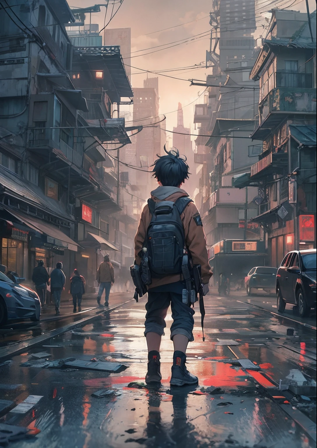 1boy,a 13 yo boy、Cyberpunk Boy、katanas,machine gun、cat ear、short hairstyle、Whole body bloody、Back lighting,The beginning of the adventure、Lots of clouds,beautiful fog,Chaotic city of the future、ruined and devastated city、dystopian、A very complex group of Chinese buildings stands in the center、Highly complex Chinese buildings、Dim lighting、puddles、Chaotic landscape、Beautiful and fantastic scenery、Cinematic scenery、hightquality、masutepiece,8K、hight resolution、ultra-detailliert,