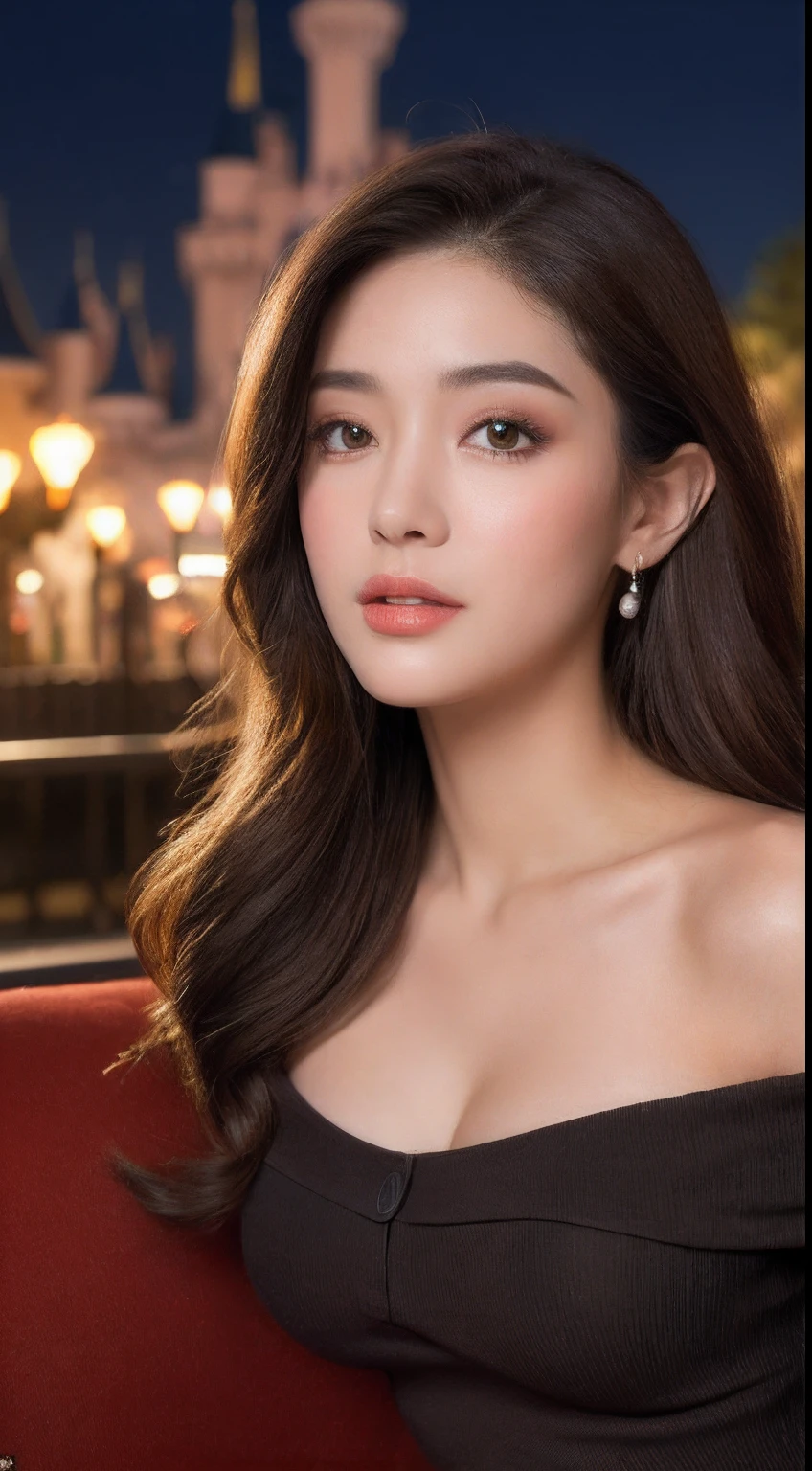 score_9,score8_up, ((head to thigh portrait)), (majestic:1.5),(uhd:1.3), (best quality,highres,masterpiece:1.2), ultra-detailed, (realistic, photorealistic, photo-realistic:1.37),(highest resolution, distinct_image), A serene woman with ravishing red tresses stands resolute beneath the starlit sky, as moonlight whispers secrets to her porcelain skin. Her tousled updo is gently rustled by the nocturnal breeze, while a subtle smirk dances across her lips, exuding an enigmatic aura that captivates the viewer's gaze. The night air seems to shimmer with anticipation, as if the very stars themselves are mesmerized by her mystique, wearing a unique designer dress that accentuates her beauty and charm.