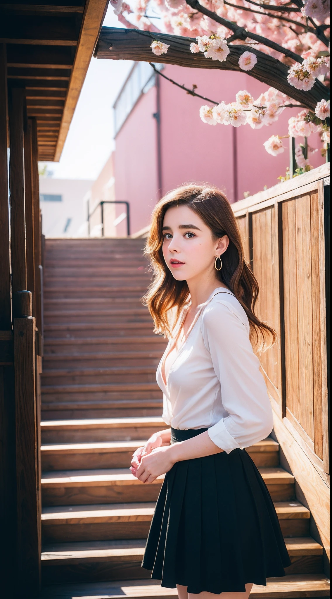 Beautiful young Kiernan Shipka, very realistic detailed face, , very fair skin, glasses, large earrings, shirt, cleavage, breast cleavage, pleated skirt, dark leggings, morning sun, hyperrealistic, model body, small breasts, long hair, wavy hair, red hair tips, long legs, 8k, 超High resolution, best quality, city in Japan, Tokyo, RAW portrait, photorealistic, cherry blossom, ambient lighting, detailed shadows, camera focus on genitalia, leaning forward, man grabbing girl, strong wind, fog, on stairs, low camera facing up