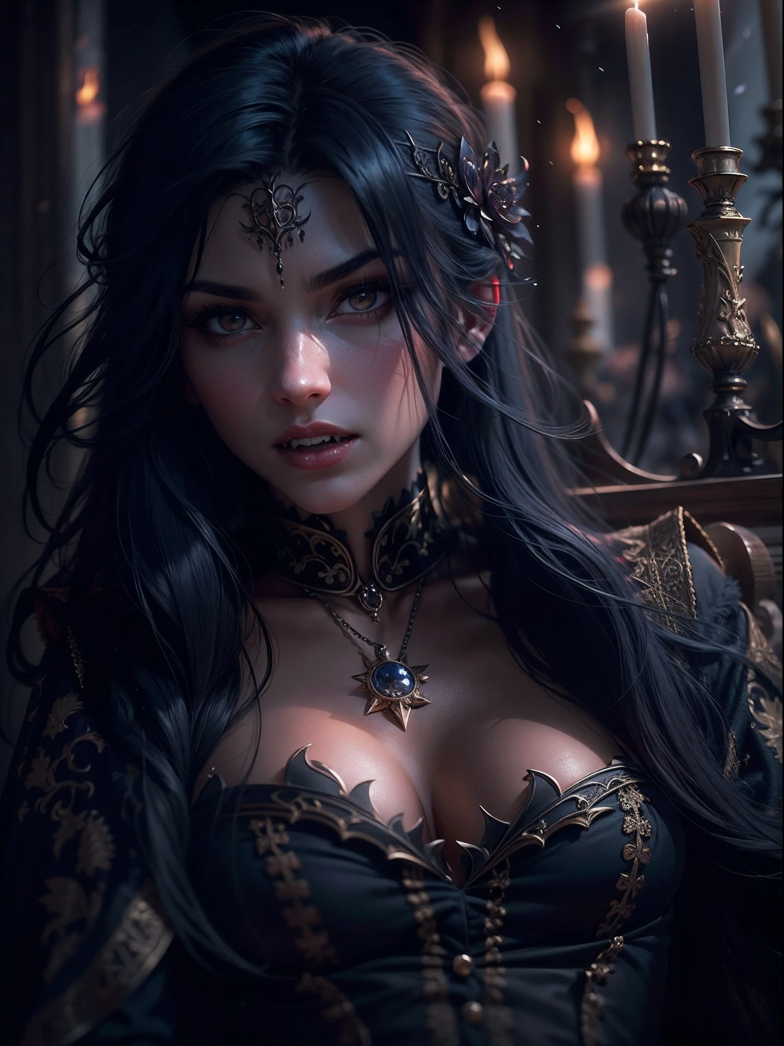 (Masterpiece, Gothic fantasy depiction:1.3), (Charming image of a vampire with sharp fangs, Long black hair, and sexy body:1.2), (Designed to embody dark and supernatural charm:1.2), (Canon EOS 6D camera, Selected for its ability to accurately capture dimly lit scenes:1.2), (With Canon EF 50mm f/1.8 STM lenses,Used to focus on detail in low light:1.2), (The pale skin forms an otherworldly contrast with the darkness:1.1), (Sharp fangs hint at her predatory nature:1.1), (Layers of black hair set off her face,exuding a mysterious atmosphere:1.1), (Wear a well-fitting Gothic costume,Show off her charm:1.1), (Sitting majestically on a medieval throne in the dimly lit rooms of the castle:1.1), (The intricate details of the castle architecture hint at its age and grandeur:1.1), (Scarce lighting creates an unforgettable atmosphere:1.1), (Her crimson eyes sparkled in the shadows, Capture the essence of her supernatural existence:1.1), (The camera's sensor captures the nuances of light and shadow:1.1), (The camera focuses on her mysterious expression and stern gaze:1.1), (Depict the mysterious beauty of the Vampire Queen:1.1), (Instantly frozen in time, Capture the essence of dark fantasy:1.1), (A photograph transports the viewer into the realm of Gothic charm and mythological intrigue:1.1)), Cinematic, Hyper-detailed, insanely details, beautifully color-graded, illusory engine, degrees of freedom, Hyper-Resolution, megapixel, Cinematic lightning, Anti-aliasing, FKAA, TXAA, RTX, SSAO, post-proces, postproduction, Tone-mapping, ....CGI, vfx, SFX, insanely detailed and intricate, hyper-maximalist, Ultra photo realsisim, volumetr, Photorealistic, The ultra-realistice, Ultra-detailed, Intricate details, Super detailed, Full color, Volumetric lightning, hdr, Realistic, illusory engine, 16k, Sharp focus, rendering by octane