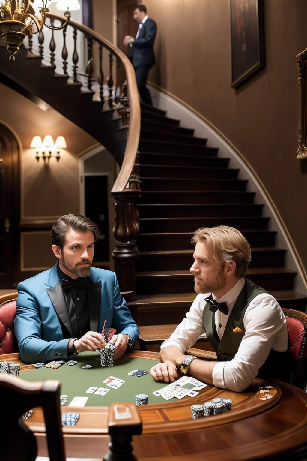 Two men sat at a long table,Play cards in a room, Play poker, playing poker in a saloon, , photo still of, poggers, Medium Shot Shot, Medium Shot Shot, production still, high-quality picture, portrait shooting, gentleman, poker card style,Inside the villa,Villa with stairs