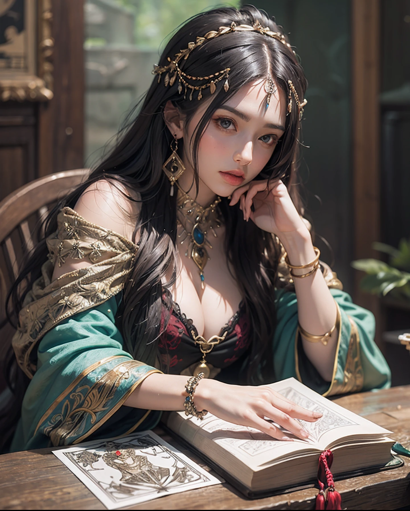 (Extremely detailed+Ultra-realistic) esoteric+Gypsy Sorceress Casting Tarot Cards