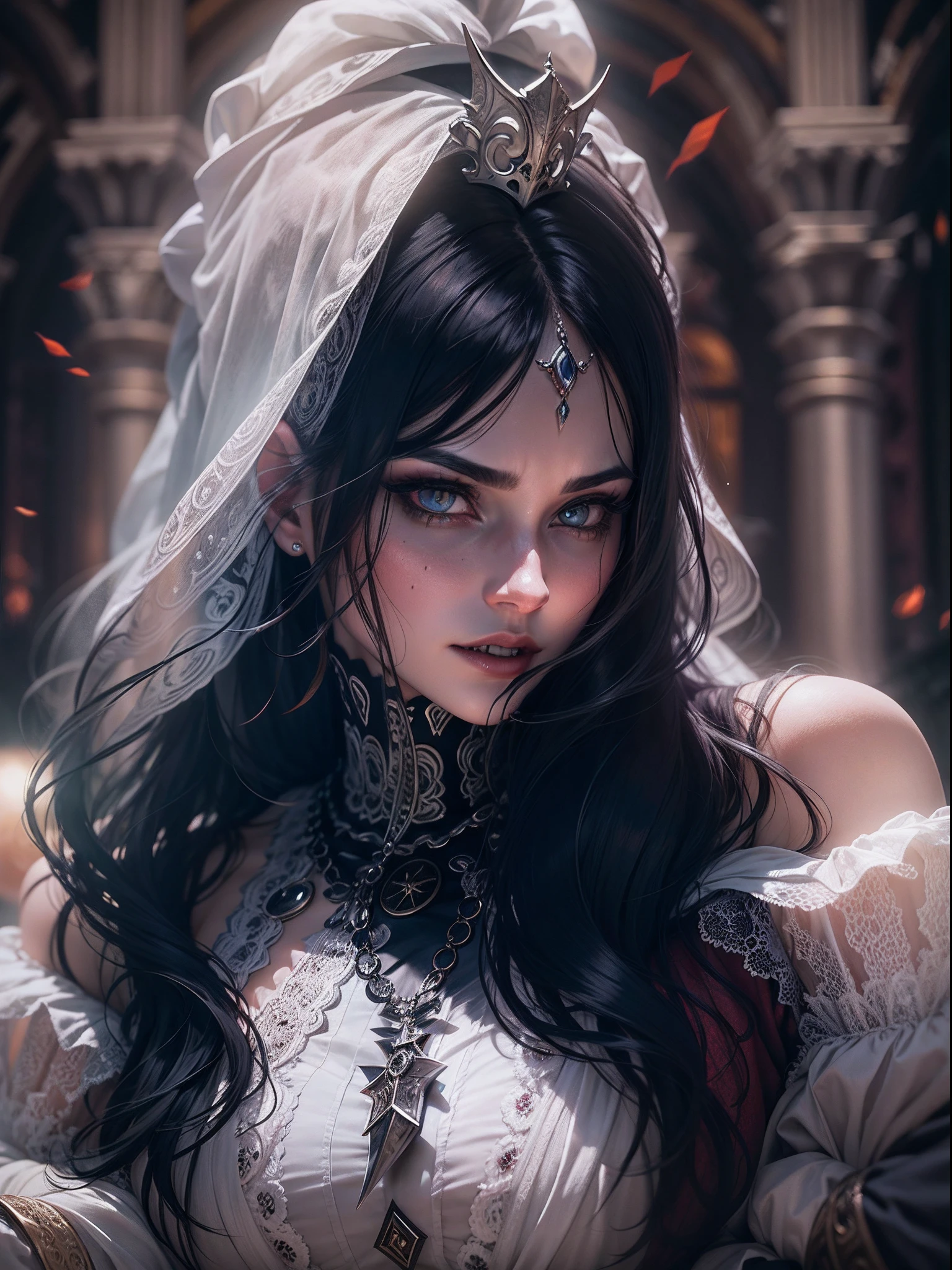 (Masterpiece, Gothic fantasy depiction:1.3), (Charming image of a vampire with sharp fangs, Long black hair, and sexy body:1.2), (Designed to embody dark and supernatural charm:1.2), (Canon EOS 6D camera, Selected for its ability to accurately capture dimly lit scenes:1.2), (With Canon EF 50mm f/1.8 STM lenses,Used to focus on detail in low light:1.2), (The pale skin forms an otherworldly contrast with the darkness:1.1), (Sharp fangs hint at her predatory nature:1.1), (Layers of black hair set off her face,exuding a mysterious atmosphere:1.1), (Wear a well-fitting Gothic costume,Show off her charm:1.1), (Sitting majestically on a medieval throne in the dimly lit rooms of the castle:1.1), (The intricate details of the castle architecture hint at its age and grandeur:1.1), (Scarce lighting creates an unforgettable atmosphere:1.1), (Her crimson eyes sparkled in the shadows, Capture the essence of her supernatural existence:1.1), (The camera's sensor captures the nuances of light and shadow:1.1), (The camera focuses on her mysterious expression and stern gaze:1.1), (Depict the mysterious beauty of the Vampire Queen:1.1), (Instantly frozen in time, Capture the essence of dark fantasy:1.1), (A photograph transports the viewer into the realm of Gothic charm and mythological intrigue:1.1)), Cinematic, Hyper-detailed, insanely details, beautifully color-graded, illusory engine, degrees of freedom, Hyper-Resolution, megapixel, Cinematic lightning, Anti-aliasing, FKAA, TXAA, RTX, SSAO, post-proces, postproduction, Tone-mapping, .....CGI, vfx, SFX, insanely detailed and intricate, hyper-maximalist, Ultra photo realsisim, volumetr, Photorealistic, The ultra-realistice, Ultra-detailed, Intricate details, Super detailed, Full color, Volumetric lightning, hdr, Realistic, illusory engine, 16k, Sharp focus, rendering by octane