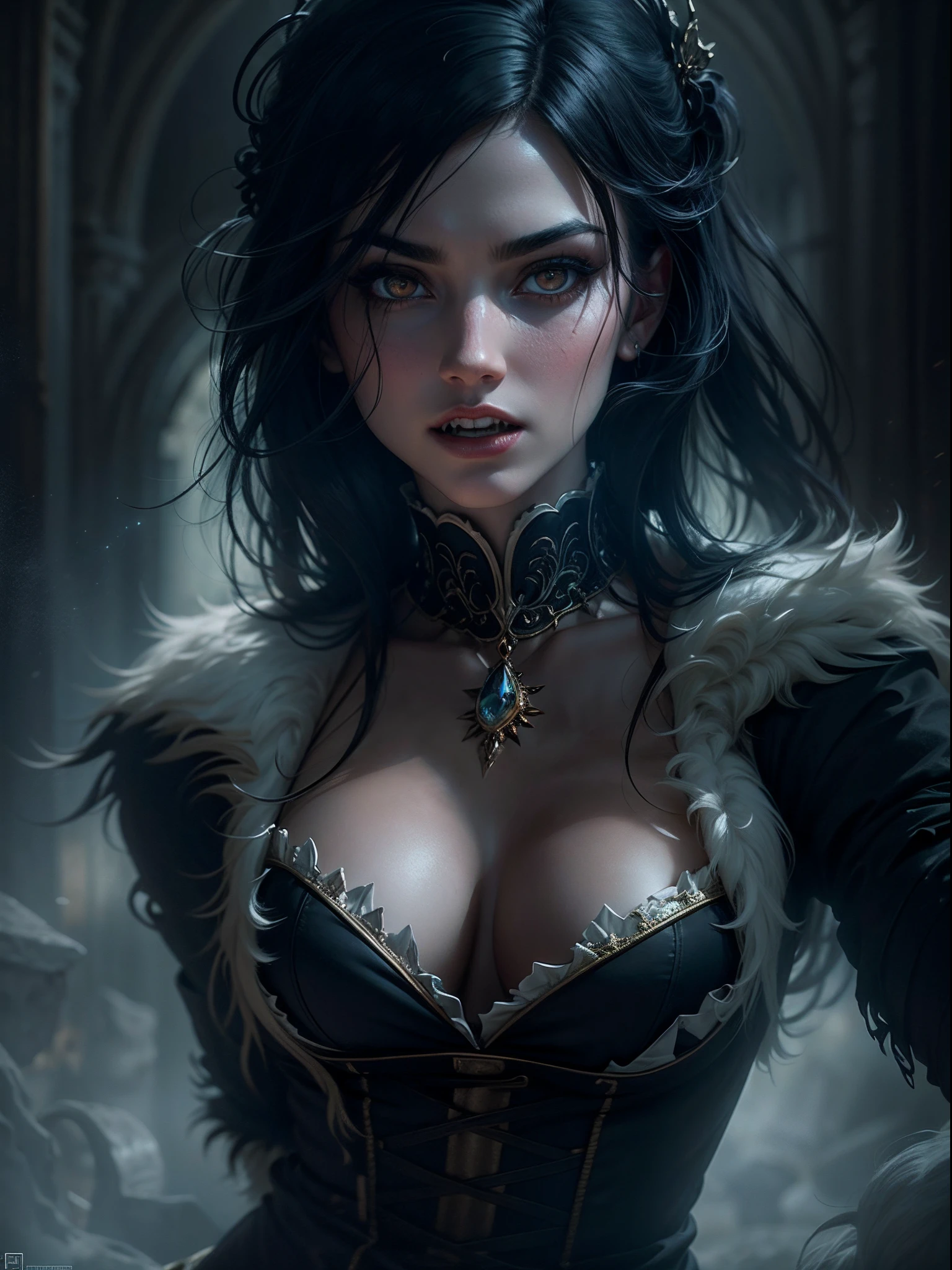 (Masterpiece, Gothic fantasy depiction:1.3), (Charming image of a vampire with sharp fangs, Long black hair, and sexy body:1.2), (Designed to embody dark and supernatural charm:1.2), (Canon EOS 6D camera, Selected for its ability to accurately capture dimly lit scenes:1.2), (With Canon EF 50mm f/1.8 STM lenses,Used to focus on detail in low light:1.2), (The pale skin forms an otherworldly contrast with the darkness:1.1), (Sharp fangs hint at her predatory nature:1.1), (Layers of black hair set off her face,exuding a mysterious atmosphere:1.1), (Wear a well-fitting Gothic costume,Show off her charm:1.1), (Sitting majestically on a medieval throne in the dimly lit rooms of the castle:1.1), (The intricate details of the castle architecture hint at its age and grandeur:1.1), (Scarce lighting creates an unforgettable atmosphere:1.1), (Her crimson eyes sparkled in the shadows, Capture the essence of her supernatural existence:1.1), (The camera's sensor captures the nuances of light and shadow:1.1), (The camera focuses on her mysterious expression and stern gaze:1.1), (Depict the mysterious beauty of the Vampire Queen:1.1), (Instantly frozen in time, Capture the essence of dark fantasy:1.1), (A photograph transports the viewer into the realm of Gothic charm and mythological intrigue:1.1)), Cinematic, Hyper-detailed, insanely details, beautifully color-graded, illusory engine, degrees of freedom, Hyper-Resolution, megapixel, Cinematic lightning, Anti-aliasing, FKAA, TXAA, RTX, SSAO, post-proces, postproduction, Tone-mapping, .....CGI, vfx, SFX, insanely detailed and intricate, hyper-maximalist, Ultra photo realsisim, volumetr, Photorealistic, The ultra-realistice, Ultra-detailed, Intricate details, Super detailed, Full color, Volumetric lightning, hdr, Realistic, illusory engine, 16k, Sharp focus, rendering by octane