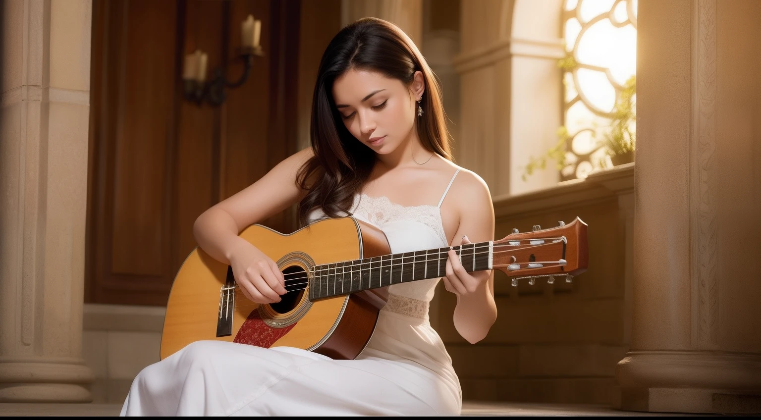 Imagen de una mujer hermosa, playing a classical guitar in a romantic atmosphere.