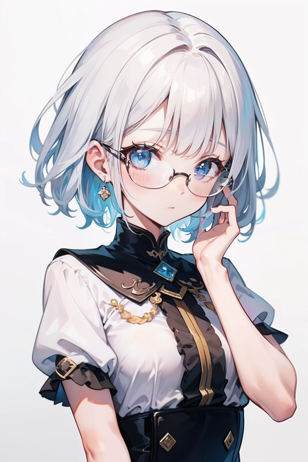 巨作, Best Quality, best illustration, A highly detailed, Upper body, 独奏, 1girll, Looking at the viewer, valid, arms over Two Sides, Beautiful Detailed Eyes, Wearing glasses, the concept of art., blunt bangs, from front, whitebackground, simple backround, White hair, Blue gradient hair, short sleeves, Watercolor pencil, expressionless, blush, virtual youtuber, short hair hair